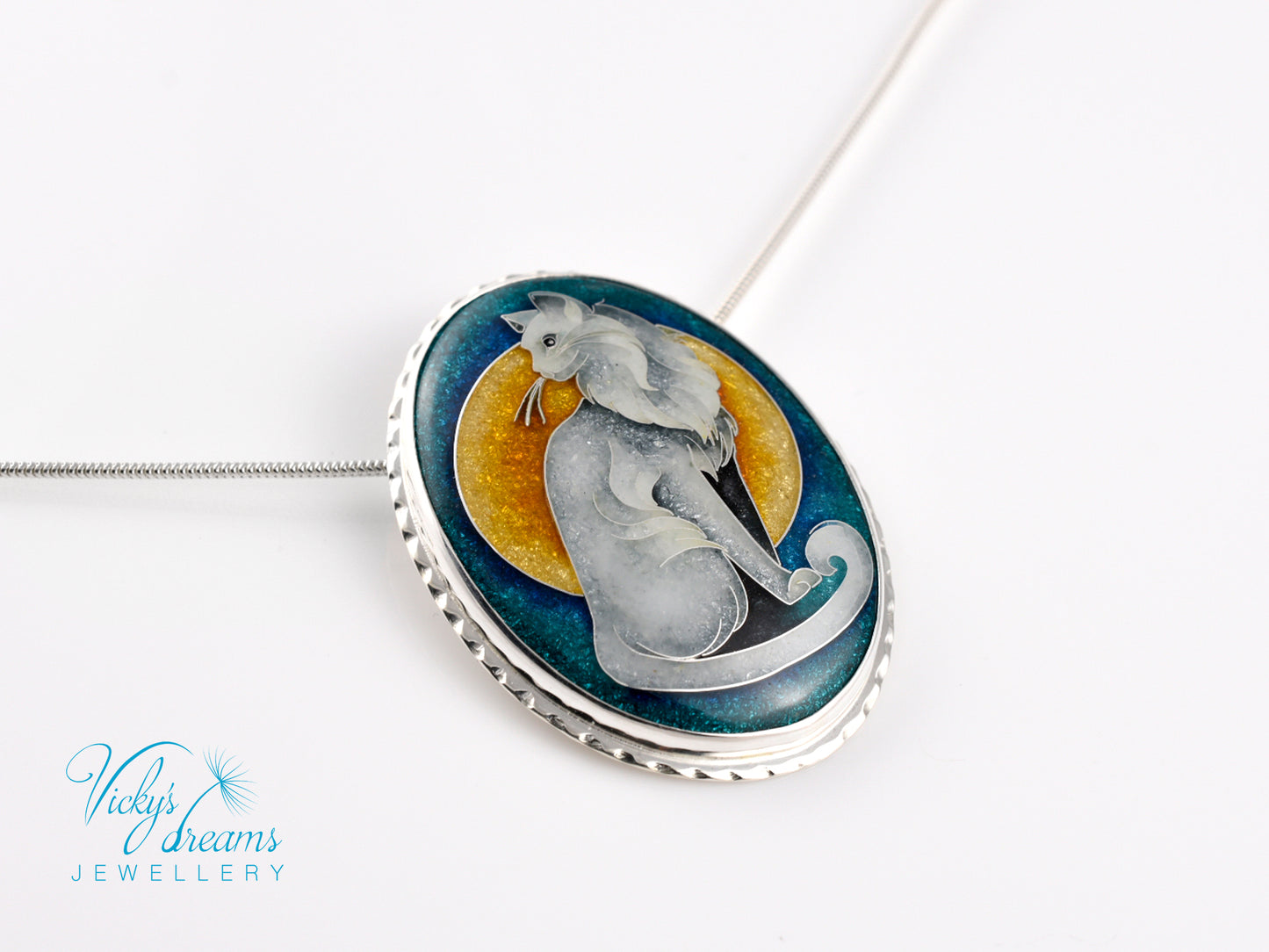 Handcrafted cloisonné cat pendant necklace with vibrant turquoise and yellow enamel