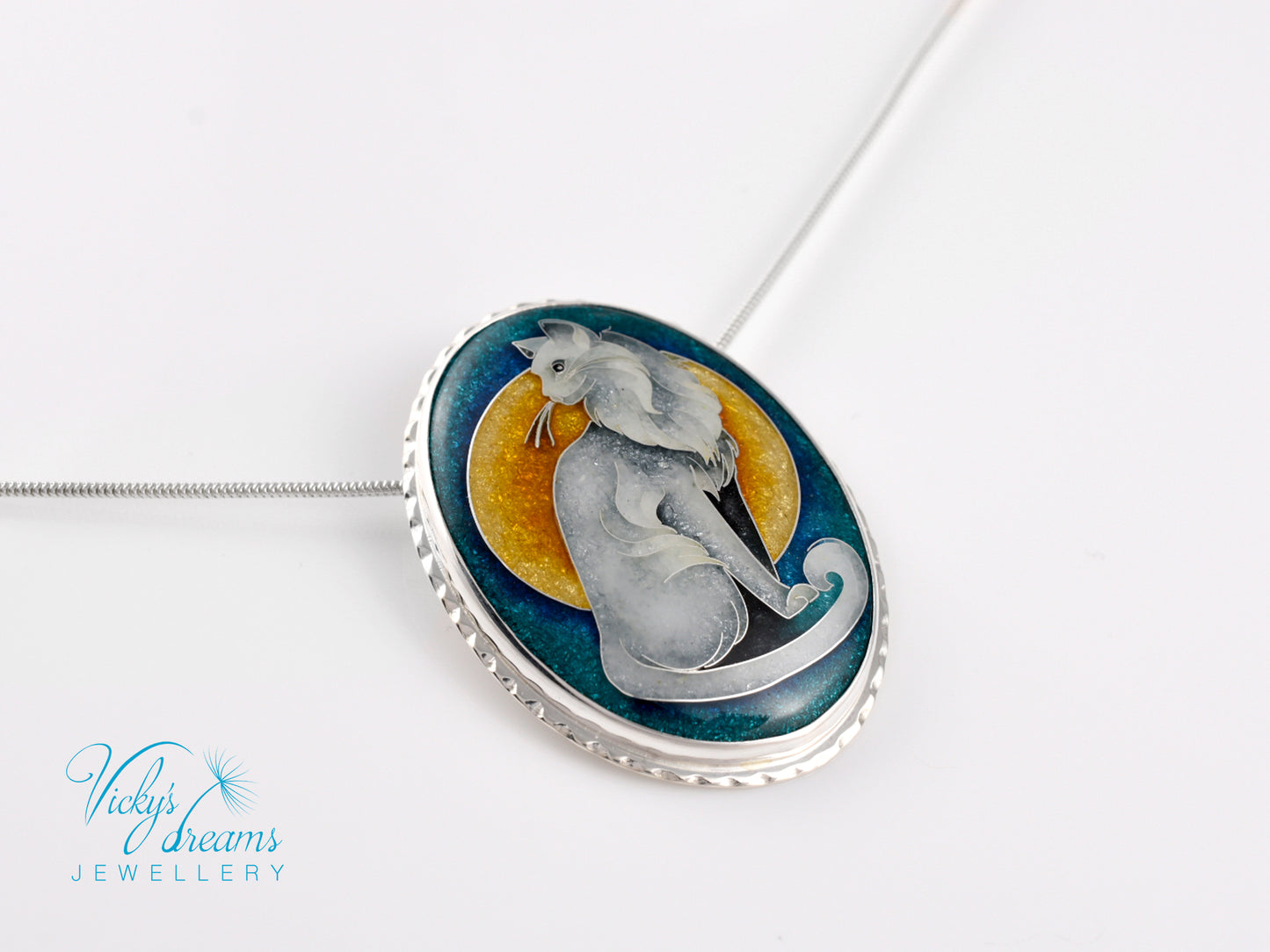 Handcrafted cloisonné cat pendant necklace with vibrant turquoise and yellow enamel