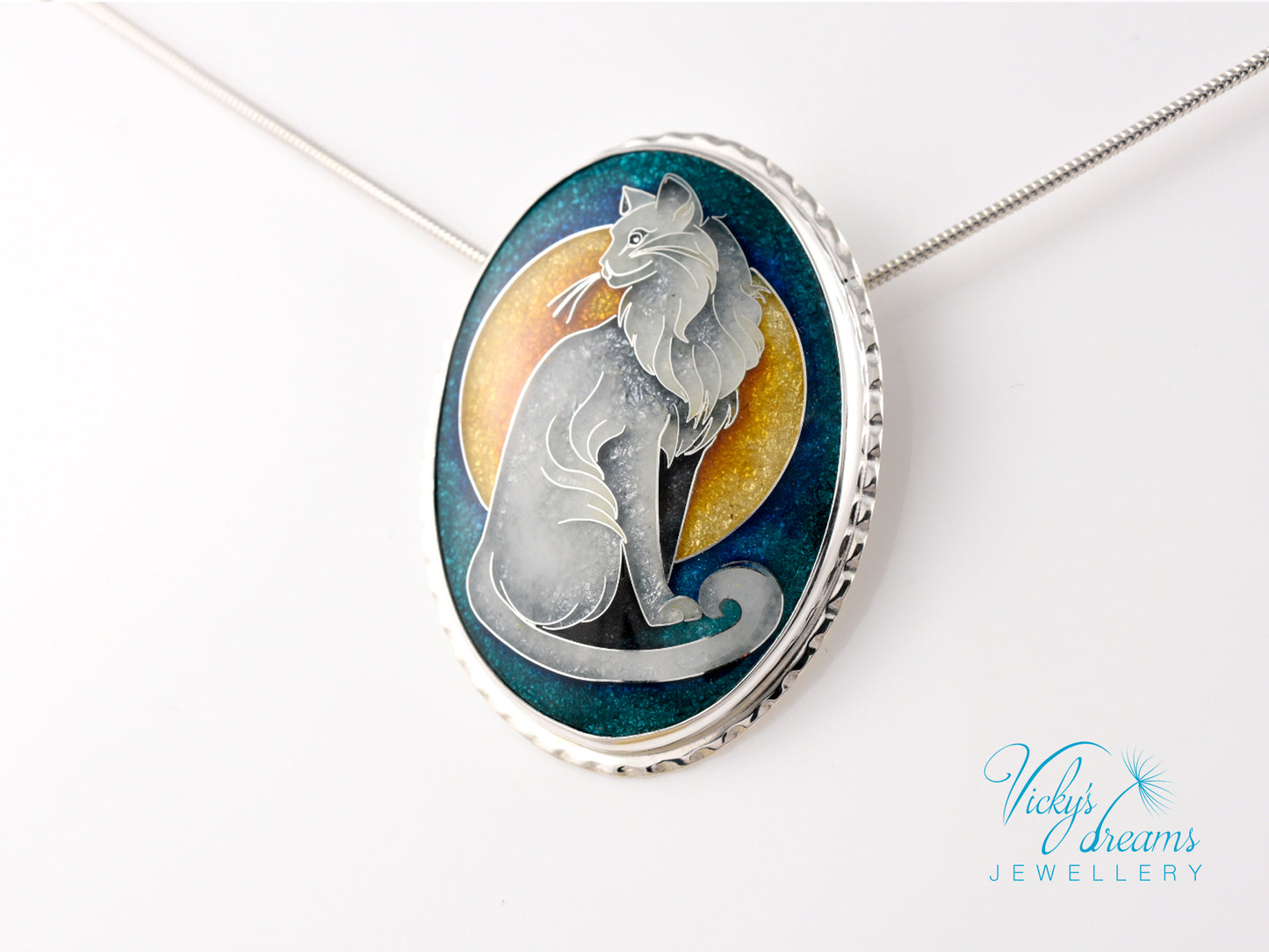 Handcrafted cloisonné cat pendant necklace with vibrant turquoise and yellow enamel