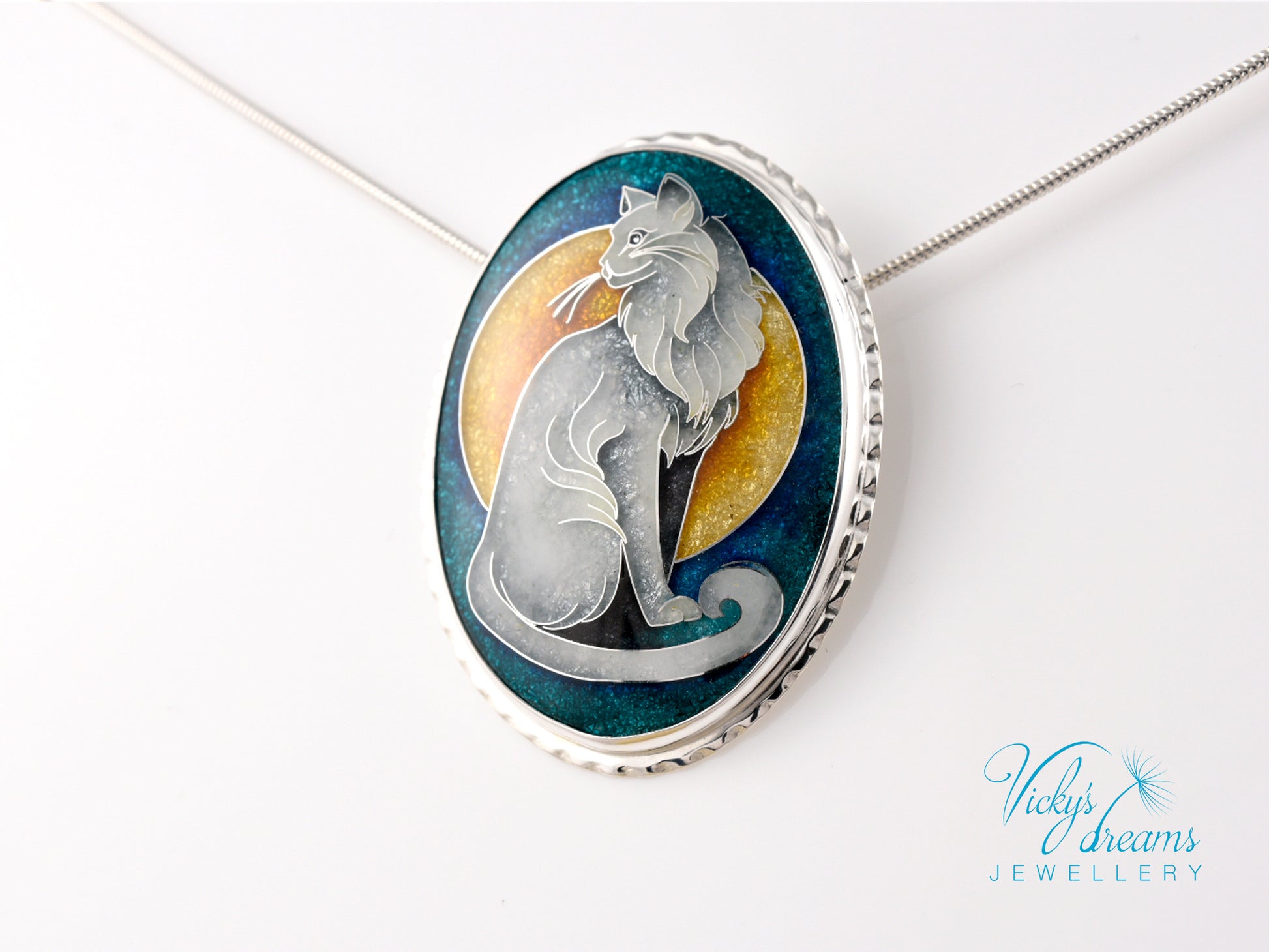 Handcrafted cloisonné cat pendant necklace with vibrant turquoise and yellow enamel