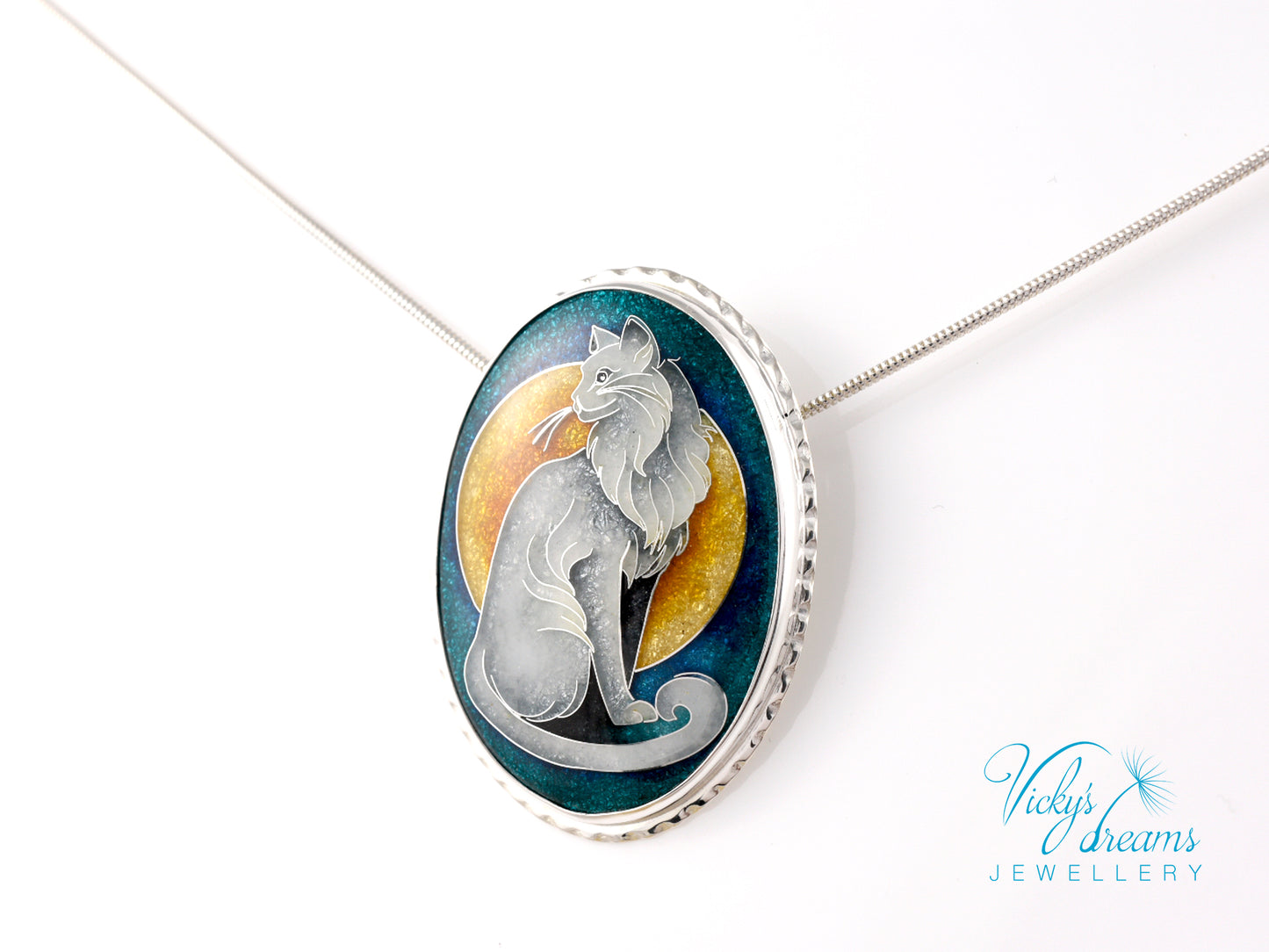 Handcrafted cloisonné cat pendant necklace with vibrant turquoise and yellow enamel