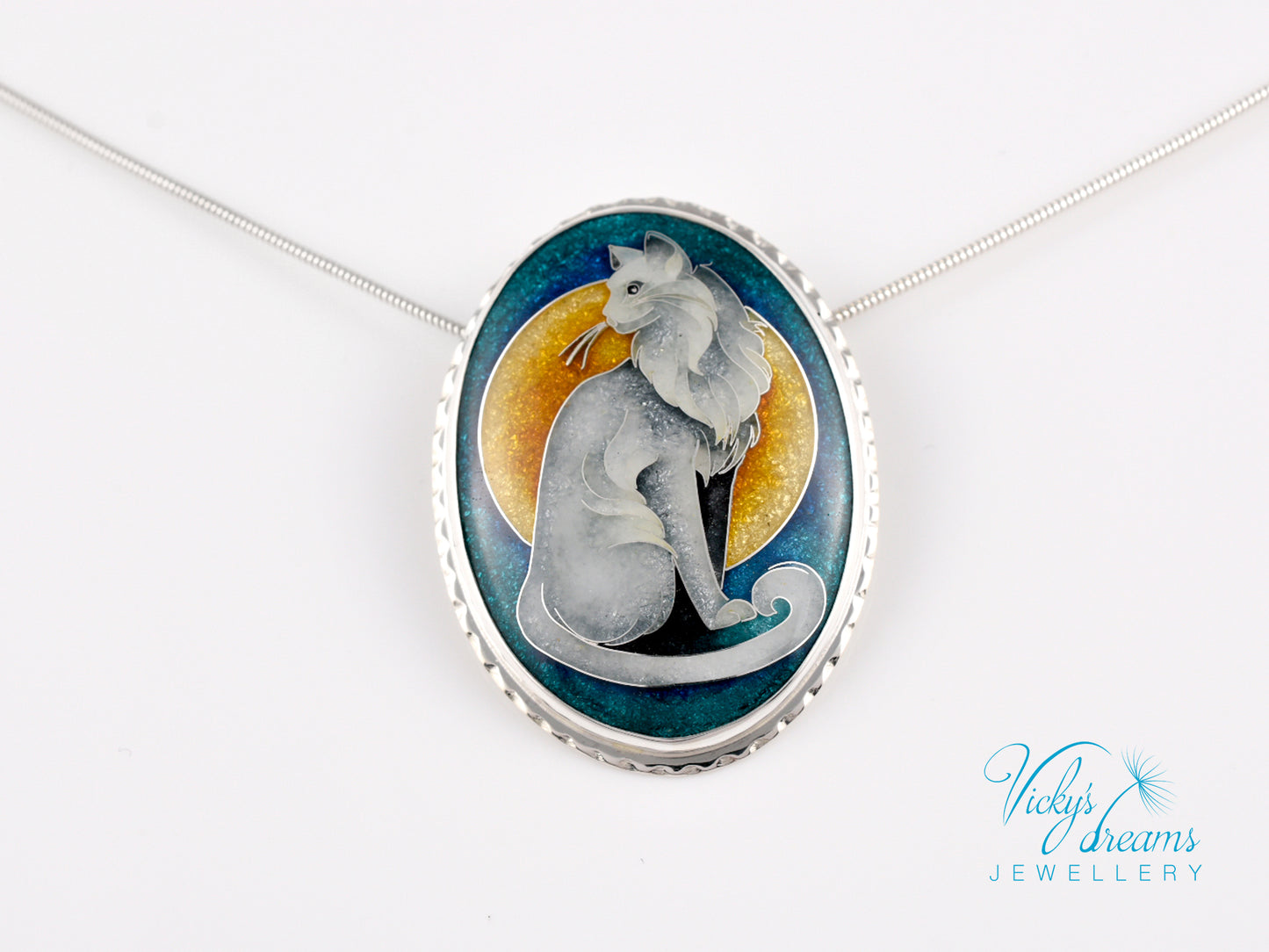 Handcrafted cloisonné cat pendant necklace with vibrant turquoise and yellow enamel