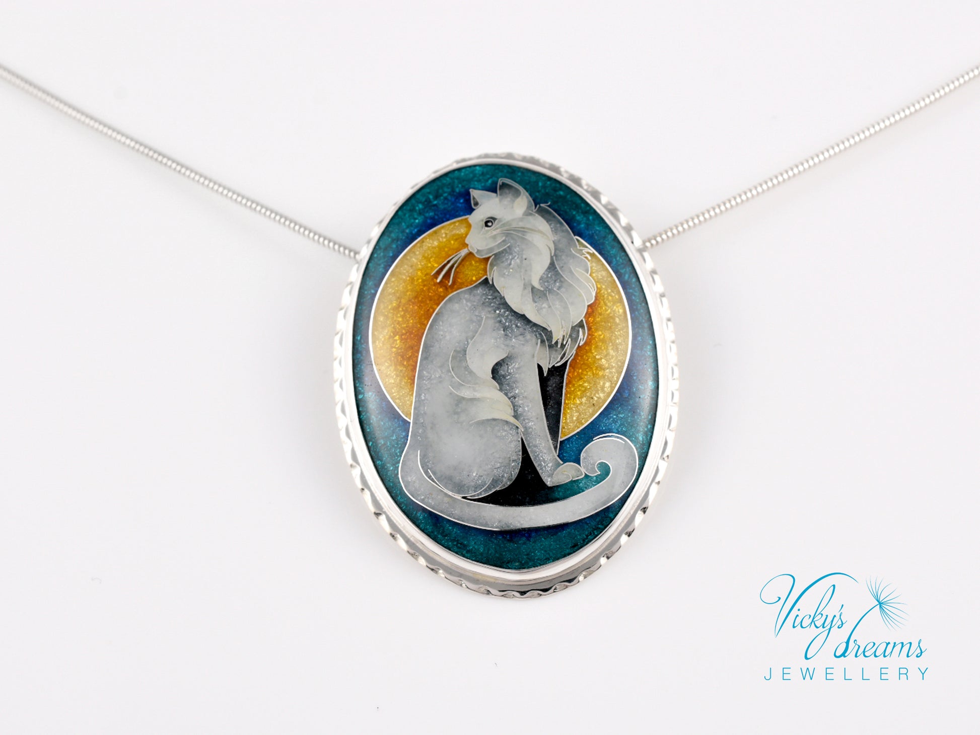 Handcrafted cloisonné cat pendant necklace with vibrant turquoise and yellow enamel