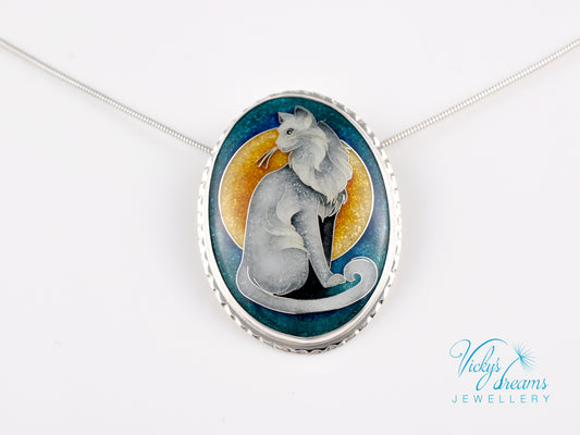 Handcrafted cloisonné cat pendant necklace with vibrant turquoise and yellow enamel