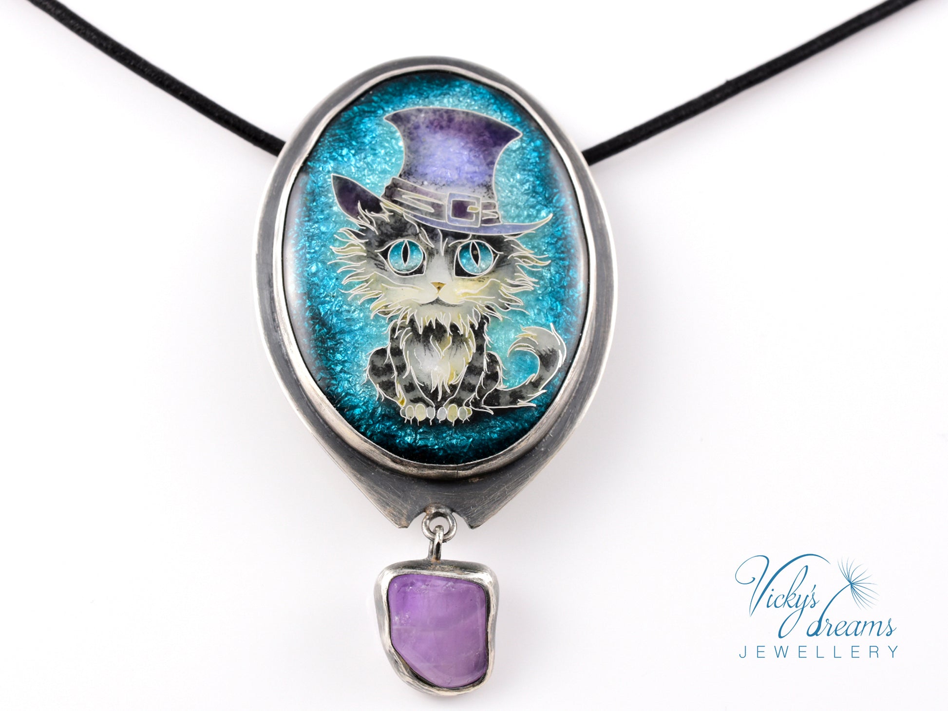 Handcrafted tabby cat pendant with cloisonné enamel and amethyst stone