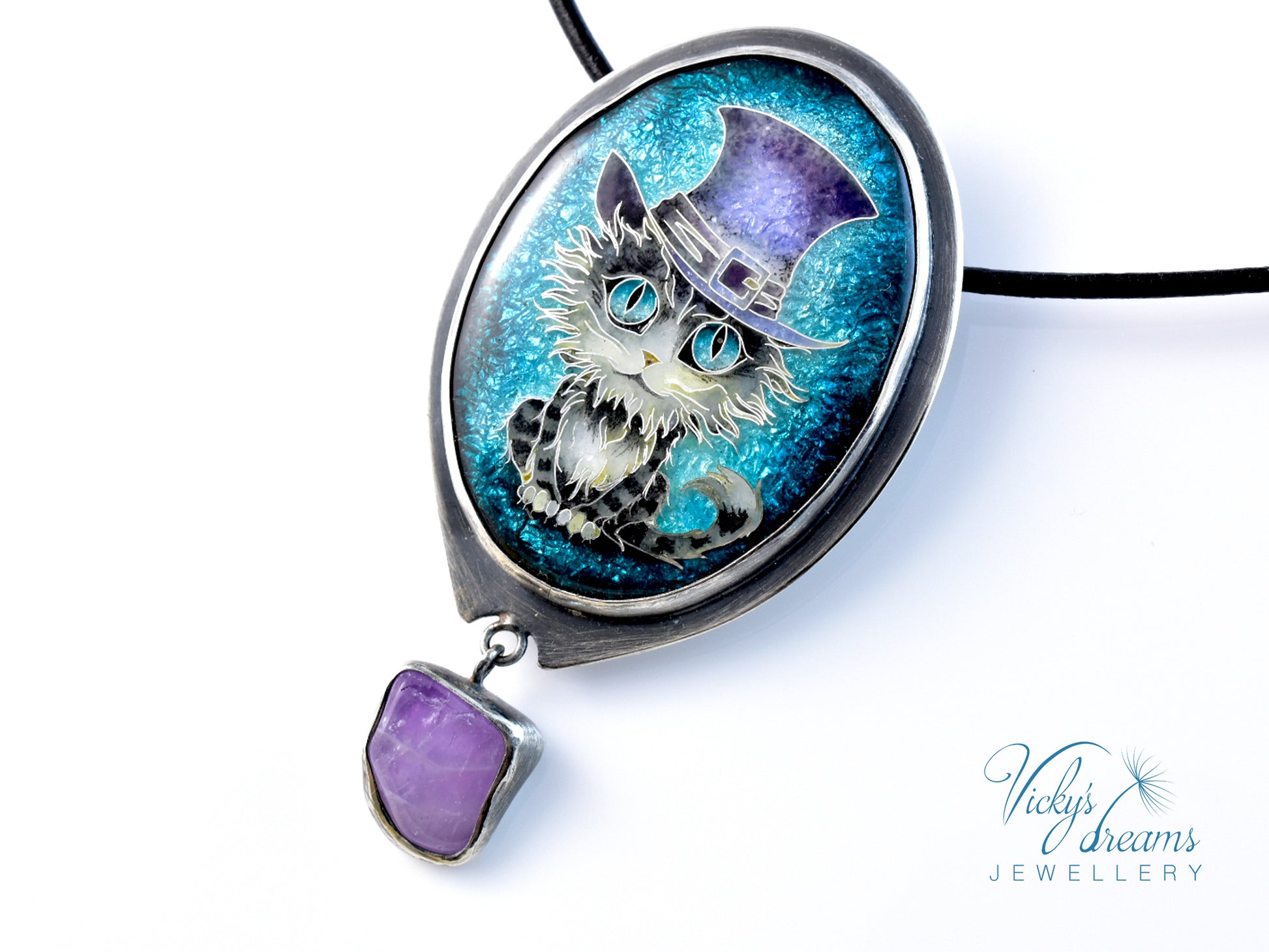 Handcrafted tabby cat pendant with cloisonné enamel and amethyst stone