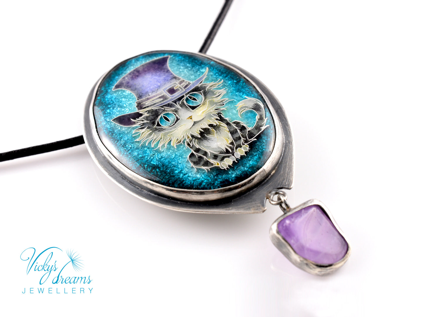 Handcrafted tabby cat pendant with cloisonné enamel and amethyst stone