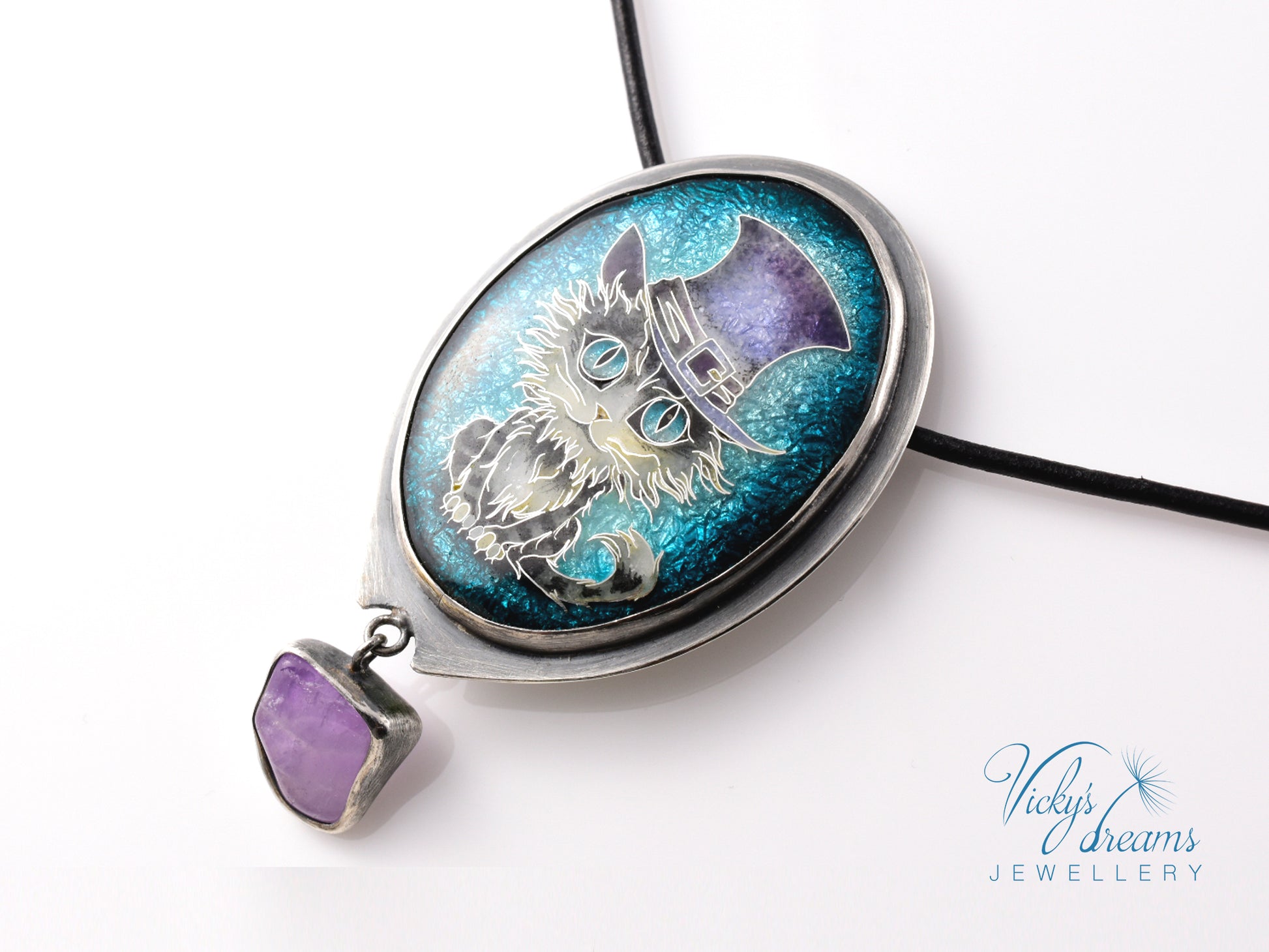 Handcrafted tabby cat pendant with cloisonné enamel and amethyst stone