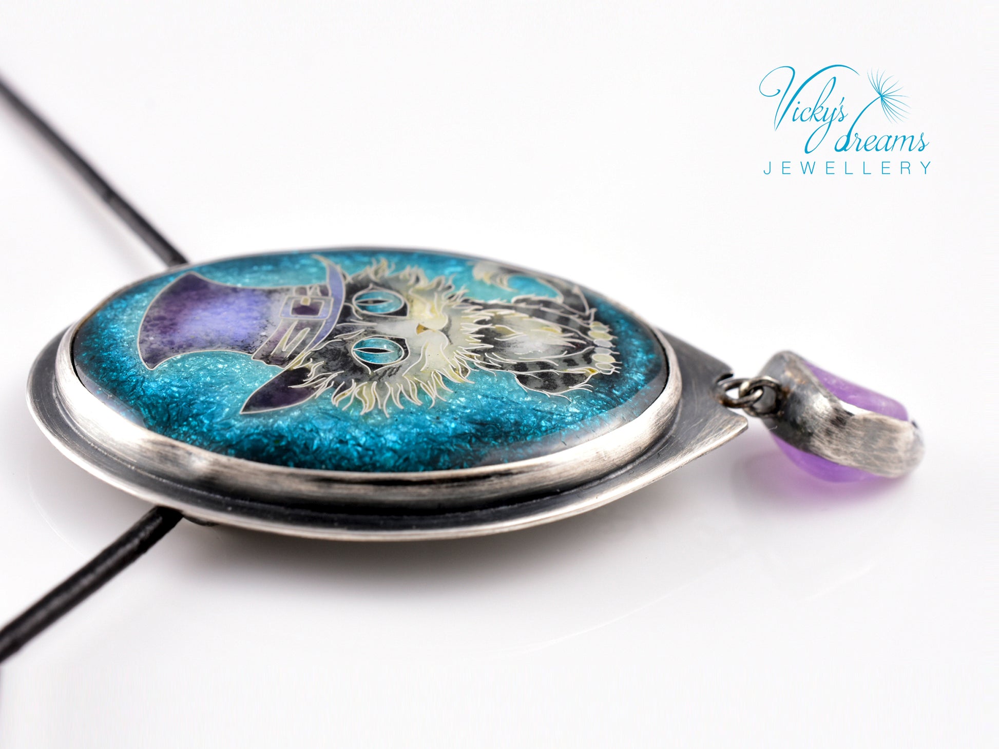 Handcrafted tabby cat pendant with cloisonné enamel and amethyst stone
