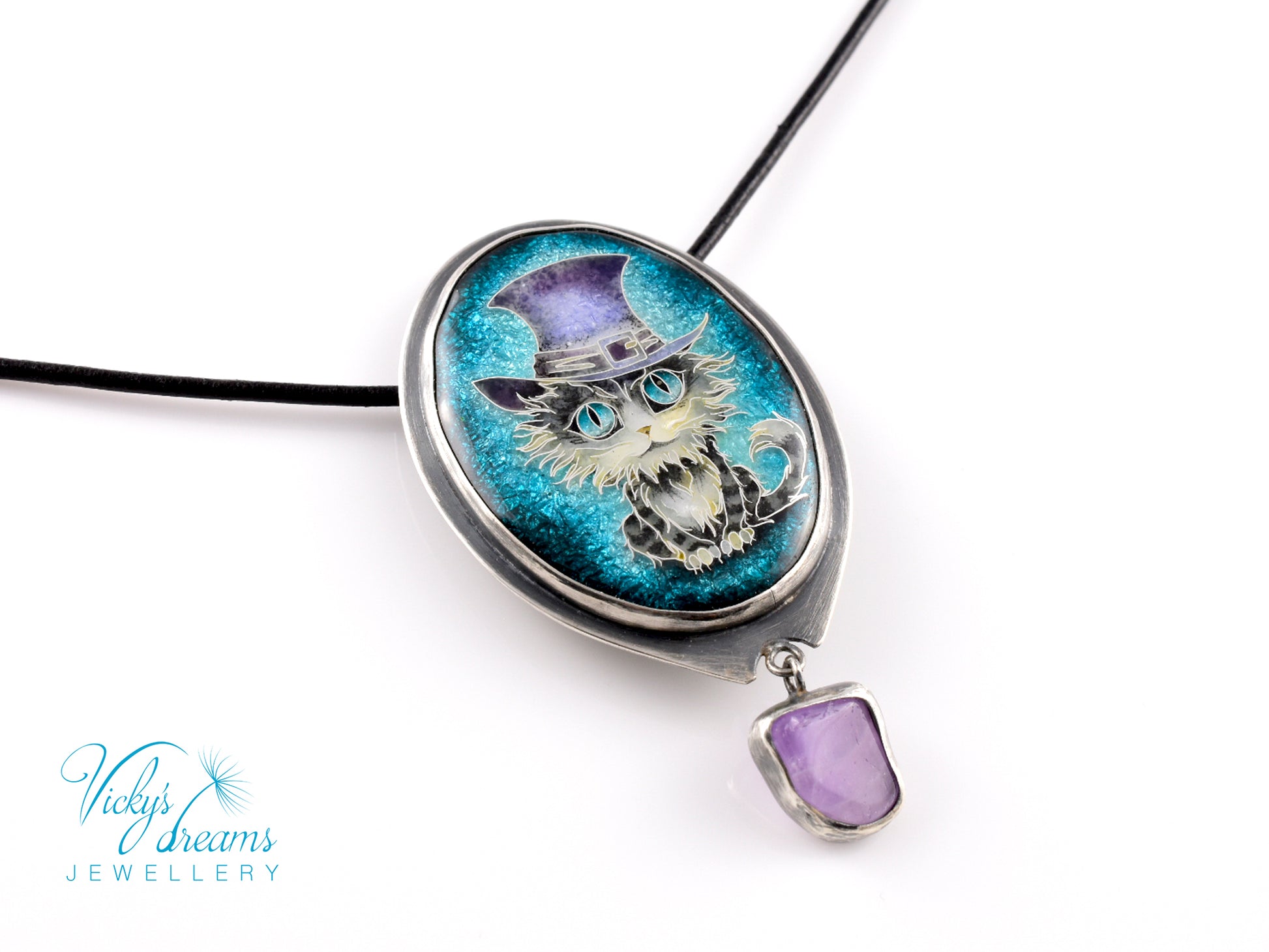 Handcrafted tabby cat pendant with cloisonné enamel and amethyst stone