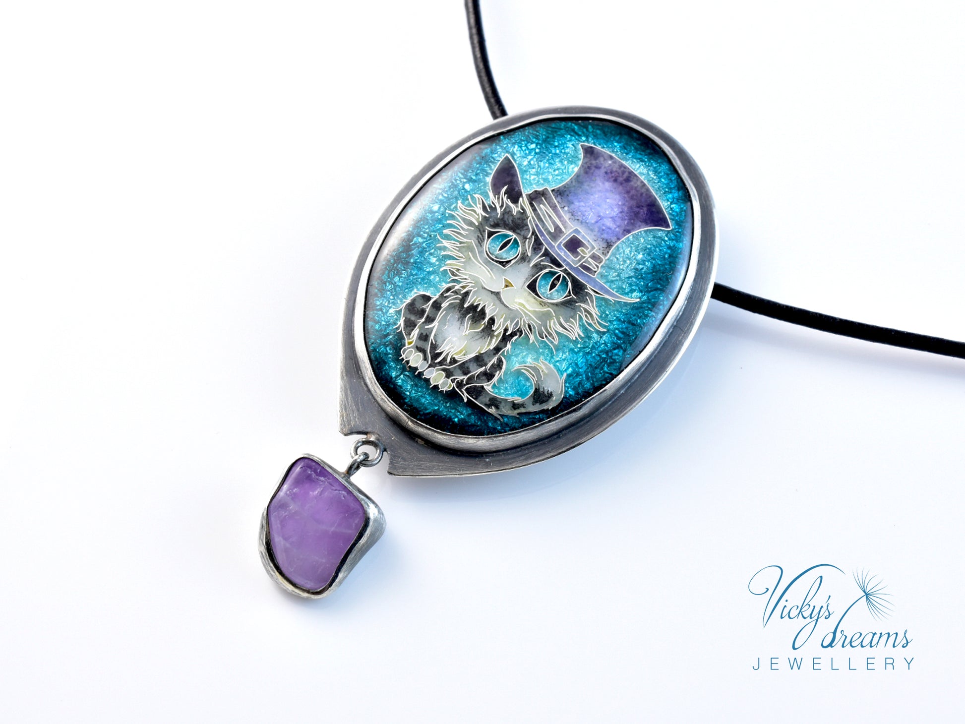 Handcrafted tabby cat pendant with cloisonné enamel and amethyst stone