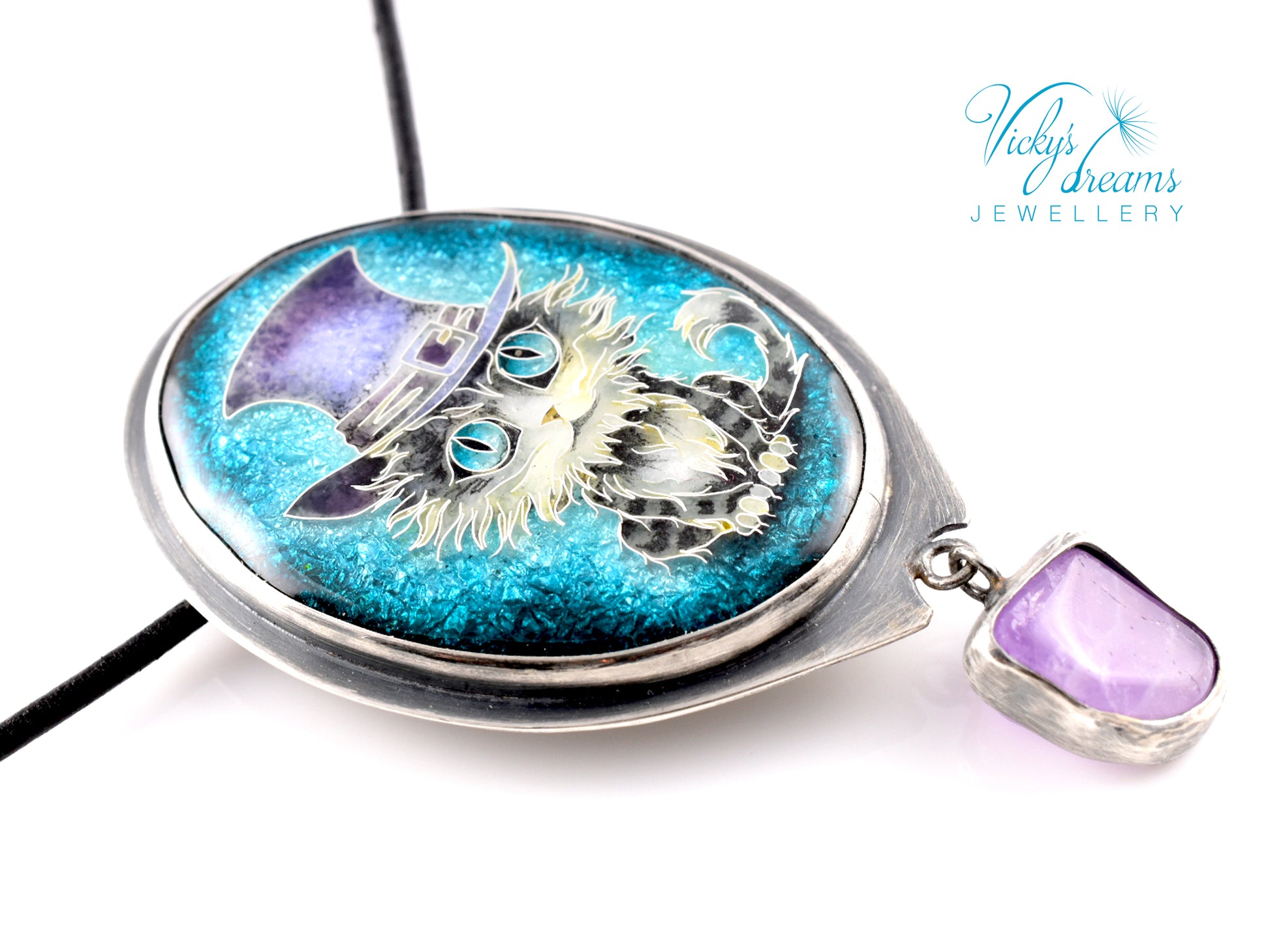 Handcrafted tabby cat pendant with cloisonné enamel and amethyst stone
