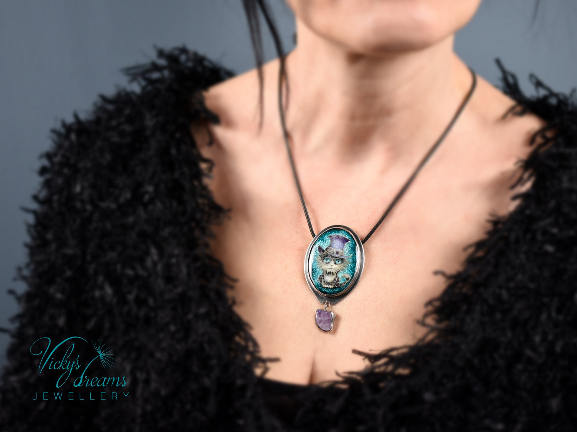 Handcrafted tabby cat pendant with cloisonné enamel and amethyst stone
