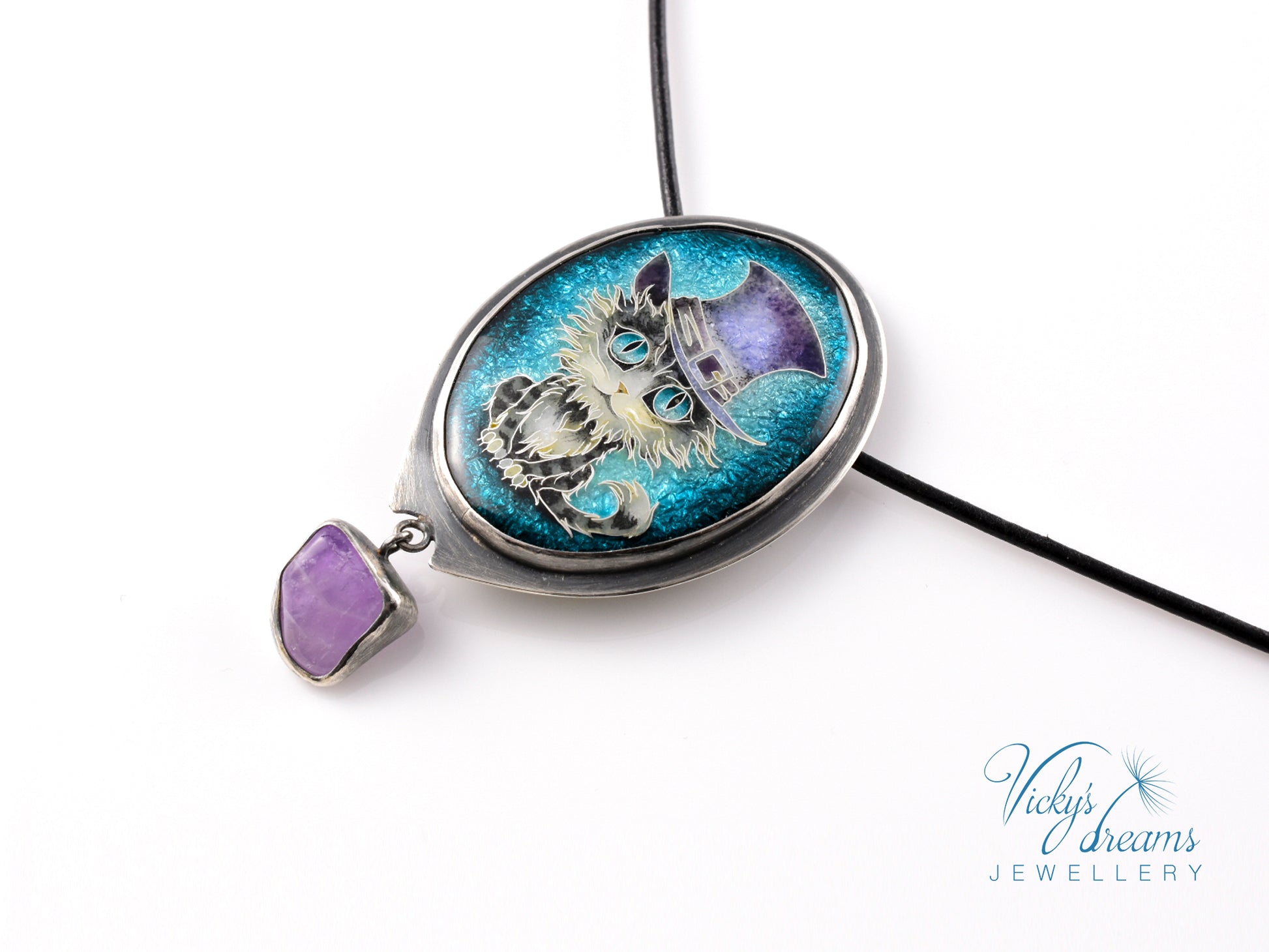 Handcrafted tabby cat pendant with cloisonné enamel and amethyst stone