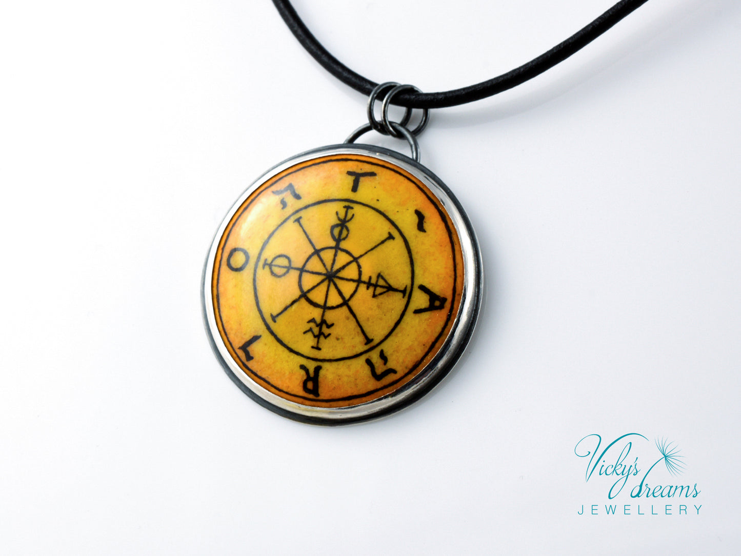 Hand painted enamel Wheel of Fortune tarot pendant in sterling silver and copper with leather cord
