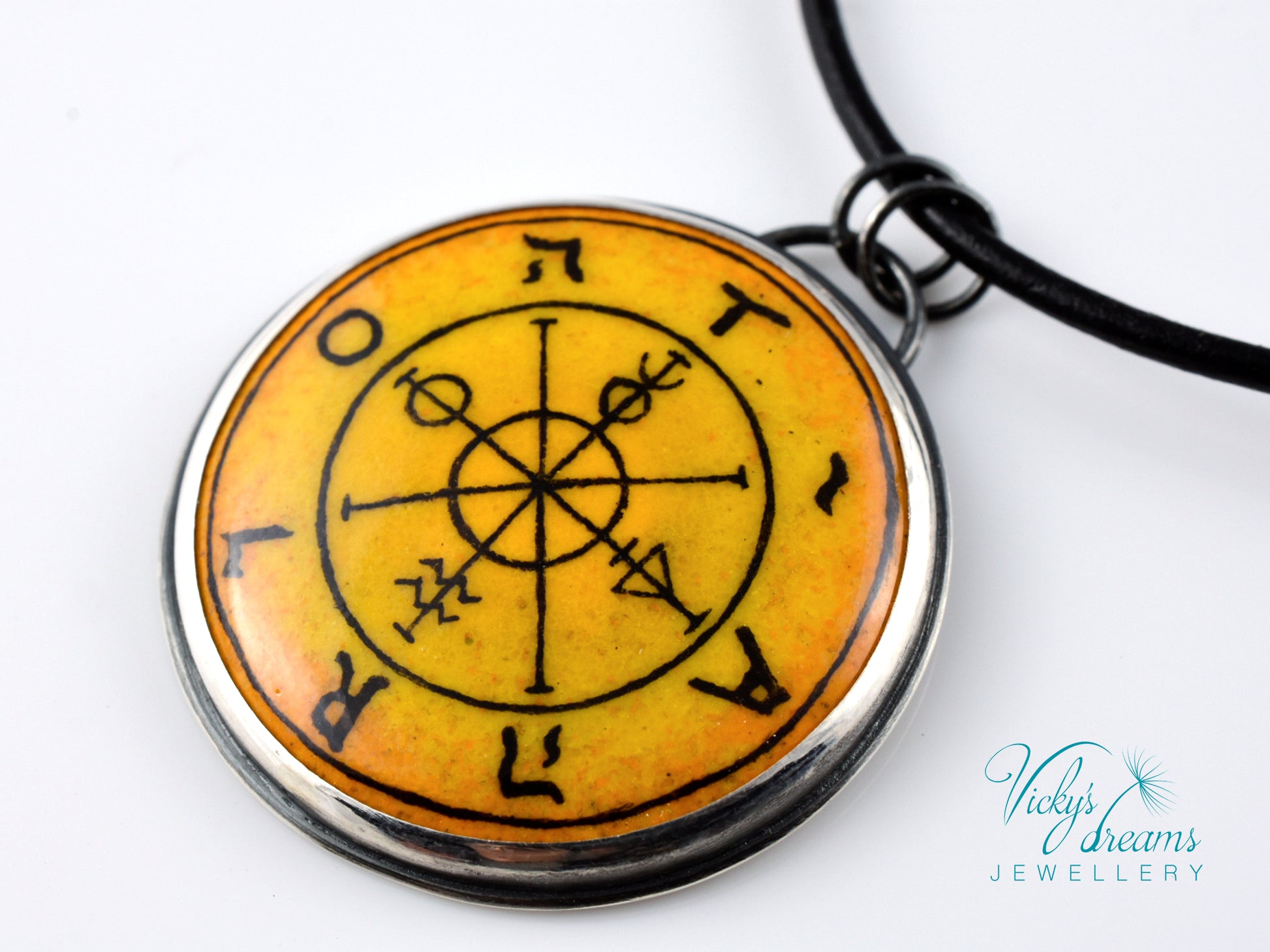 Hand painted enamel Wheel of Fortune tarot pendant in sterling silver and copper with leather cord