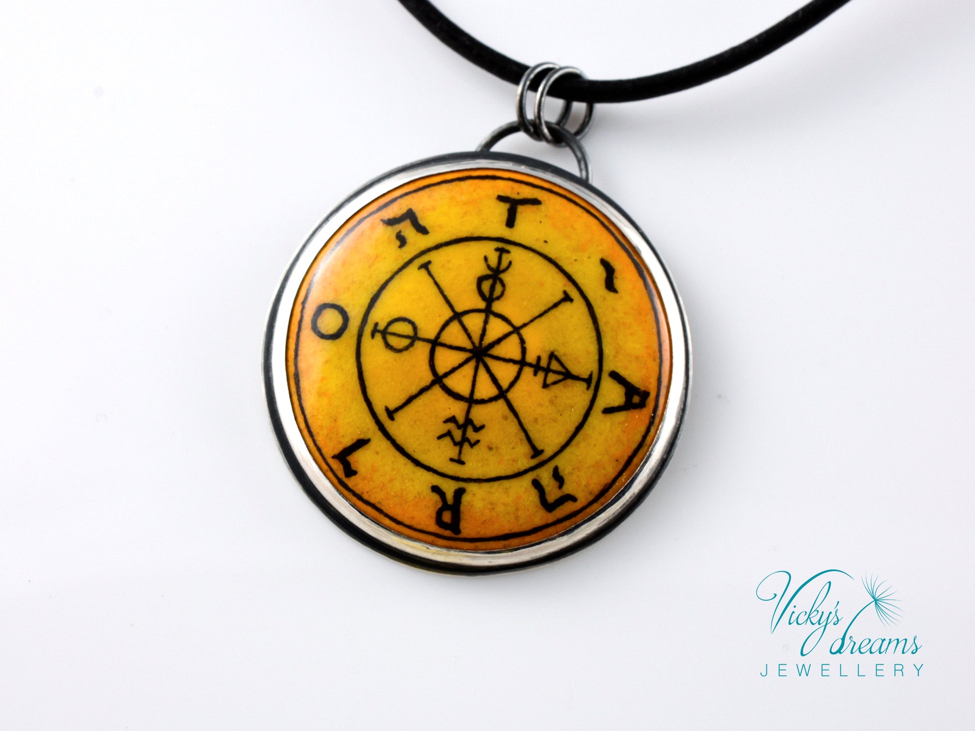 Hand painted enamel Wheel of Fortune tarot pendant in sterling silver and copper with leather cord
