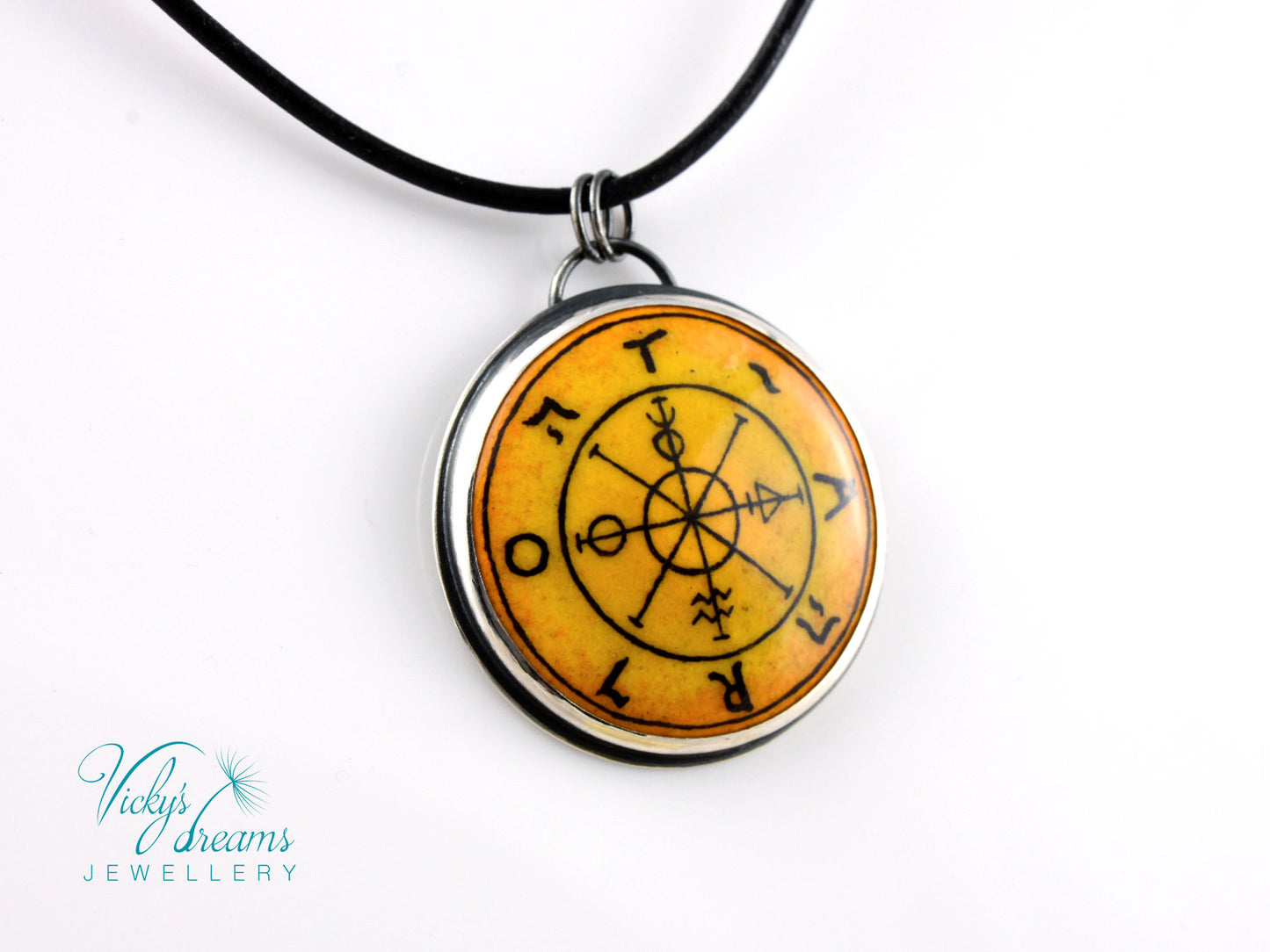 Hand painted enamel Wheel of Fortune tarot pendant in sterling silver and copper with leather cord