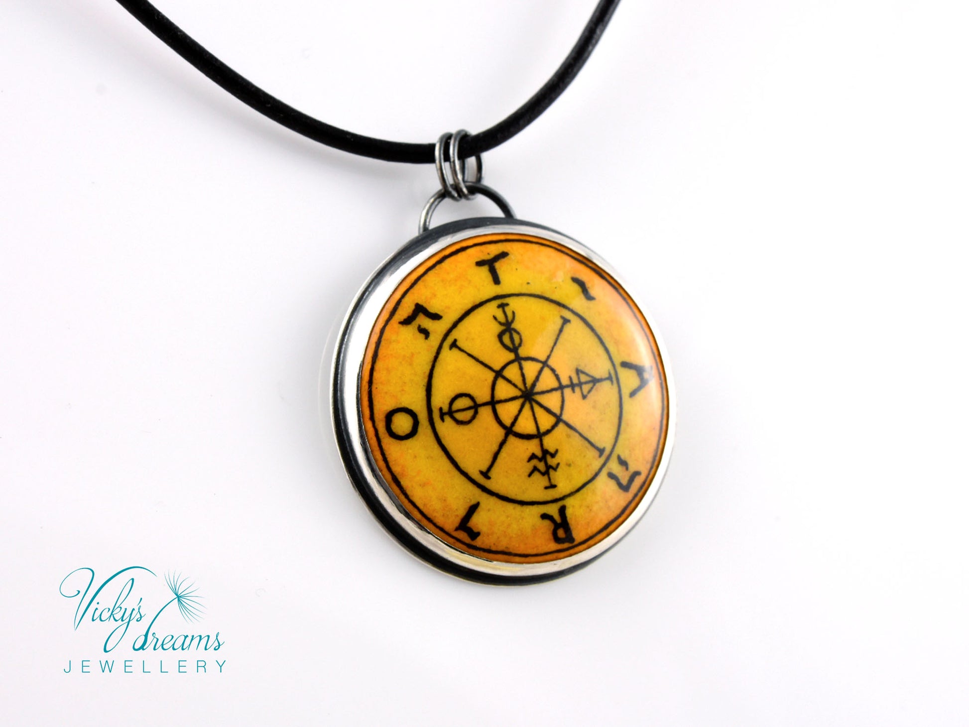Hand painted enamel Wheel of Fortune tarot pendant in sterling silver and copper with leather cord