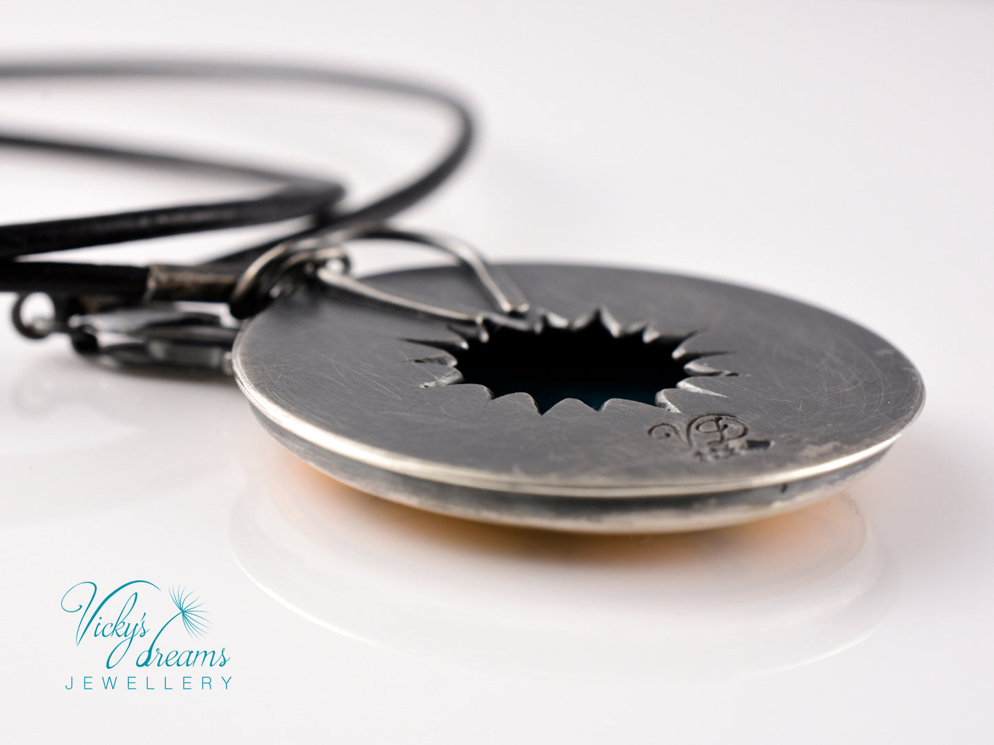 Hand painted enamel Wheel of Fortune tarot pendant in sterling silver and copper with leather cord