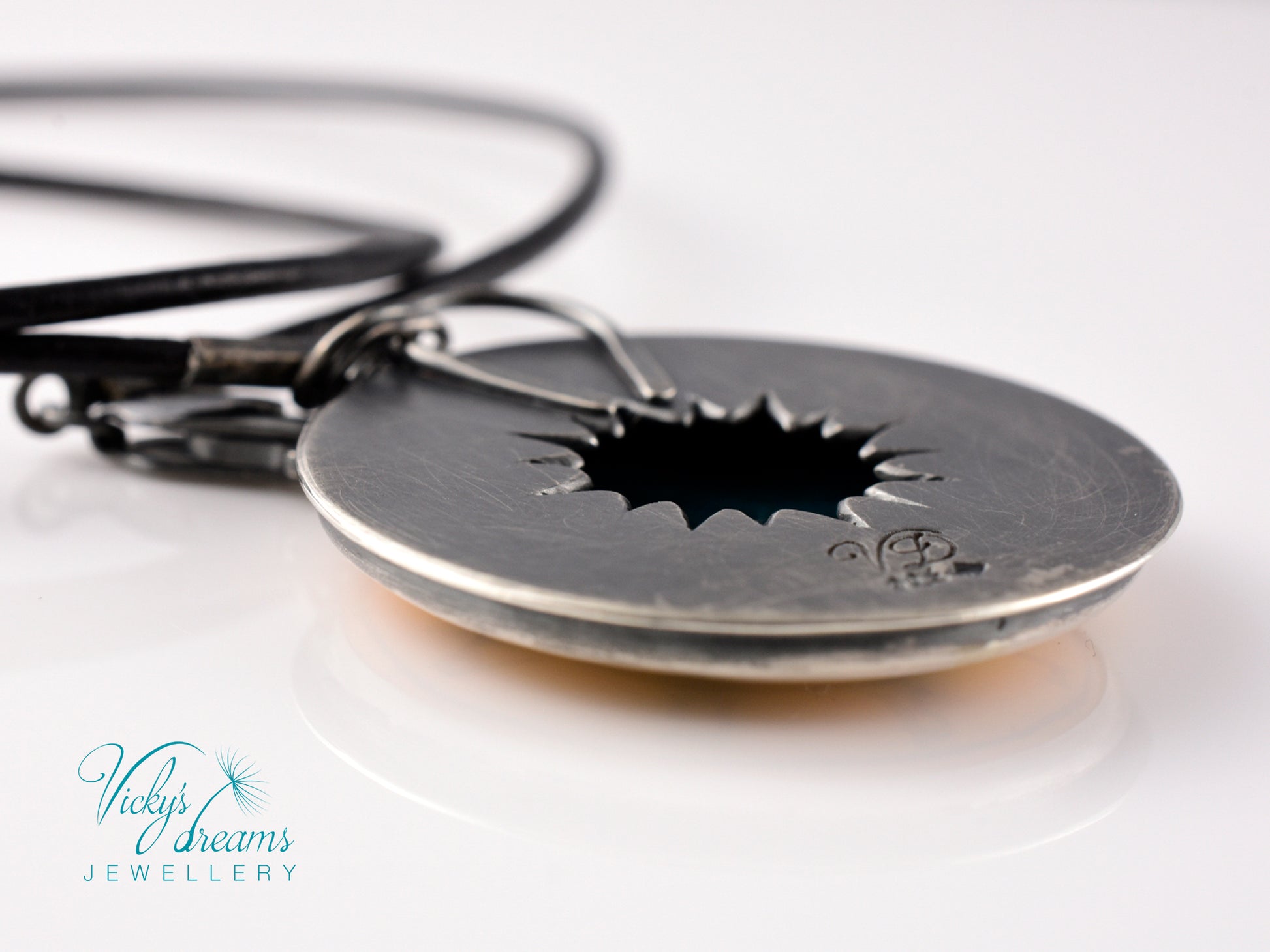 Hand painted enamel Wheel of Fortune tarot pendant in sterling silver and copper with leather cord