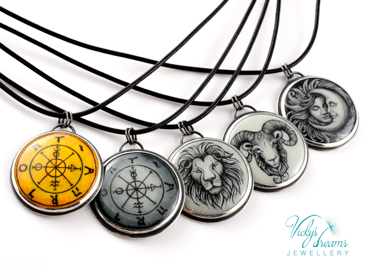 Hand painted enamel Wheel of Fortune tarot pendant in sterling silver and copper with leather cord