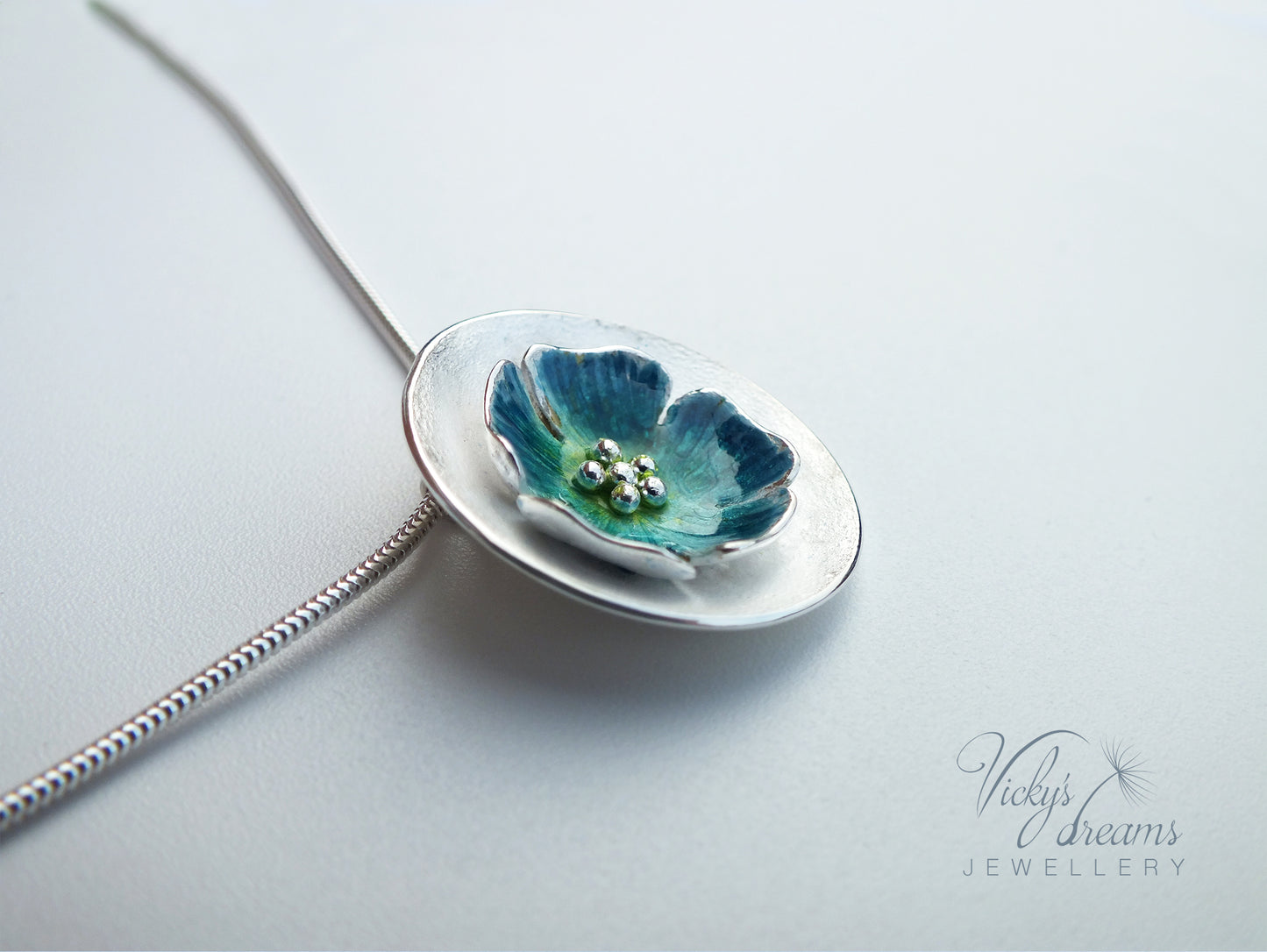 Vibrant color, flower, fine silver enamel necklace