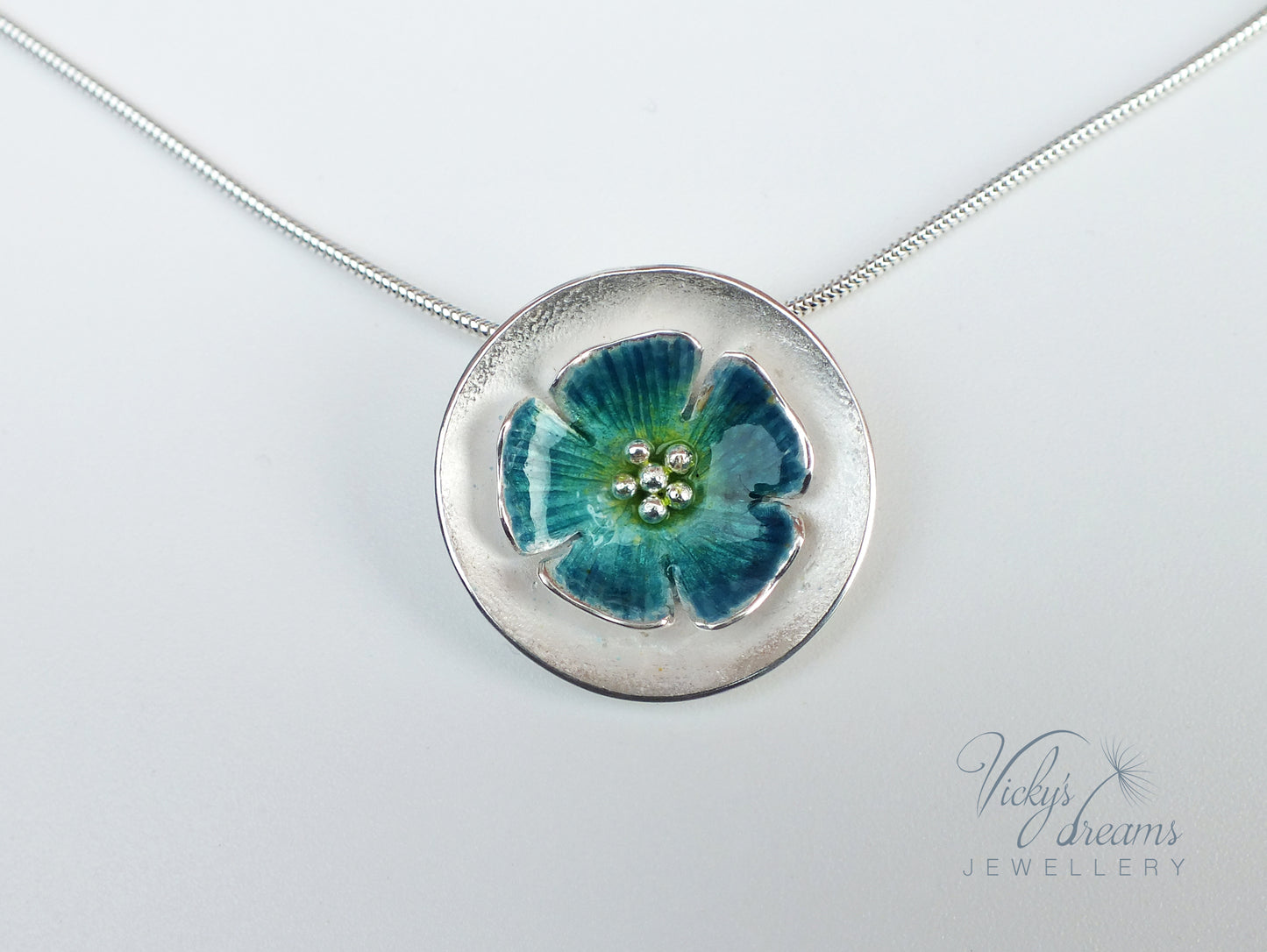 Vibrant color, flower, fine silver enamel necklace