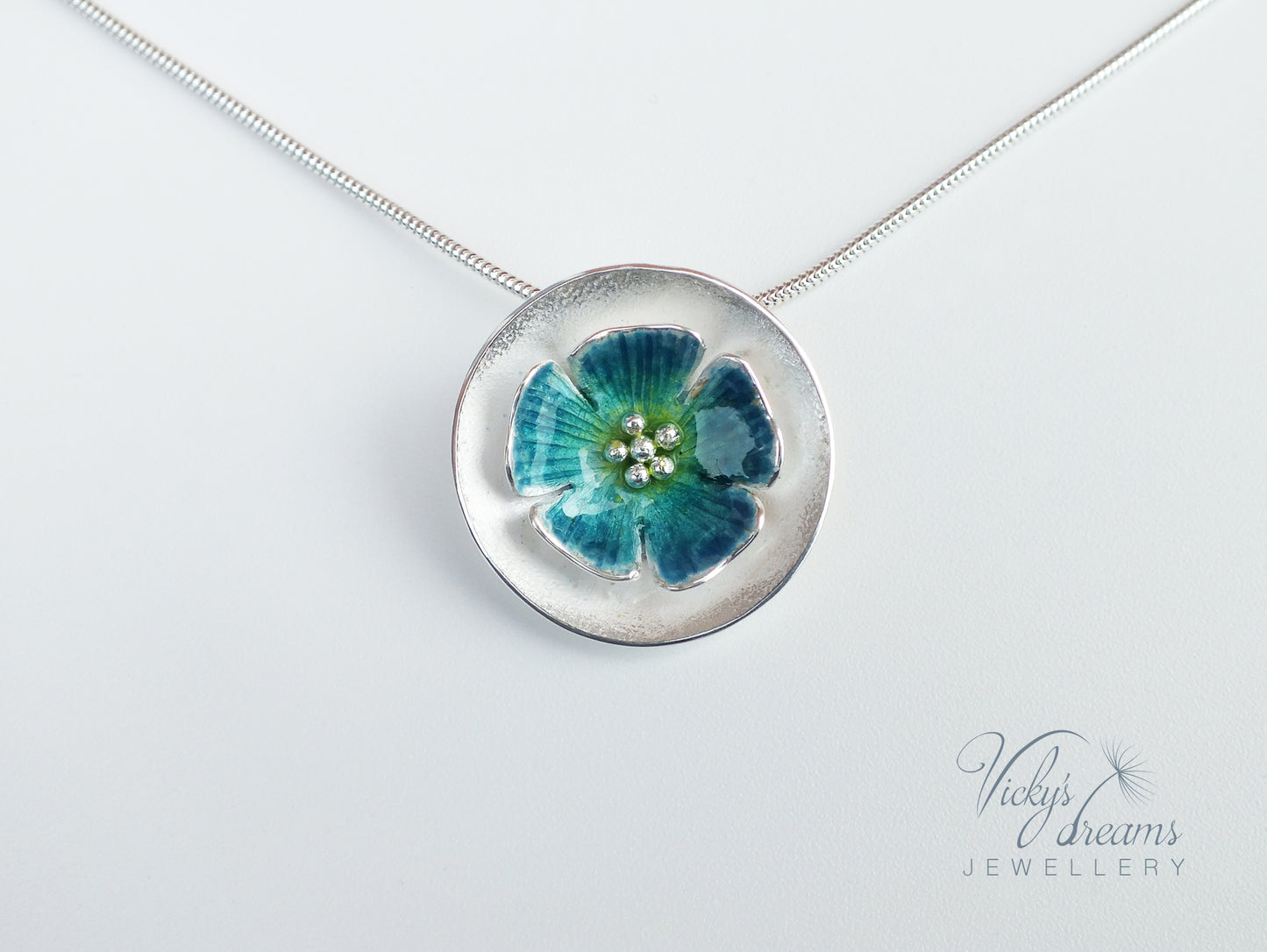 Vibrant color, flower, fine silver enamel necklace