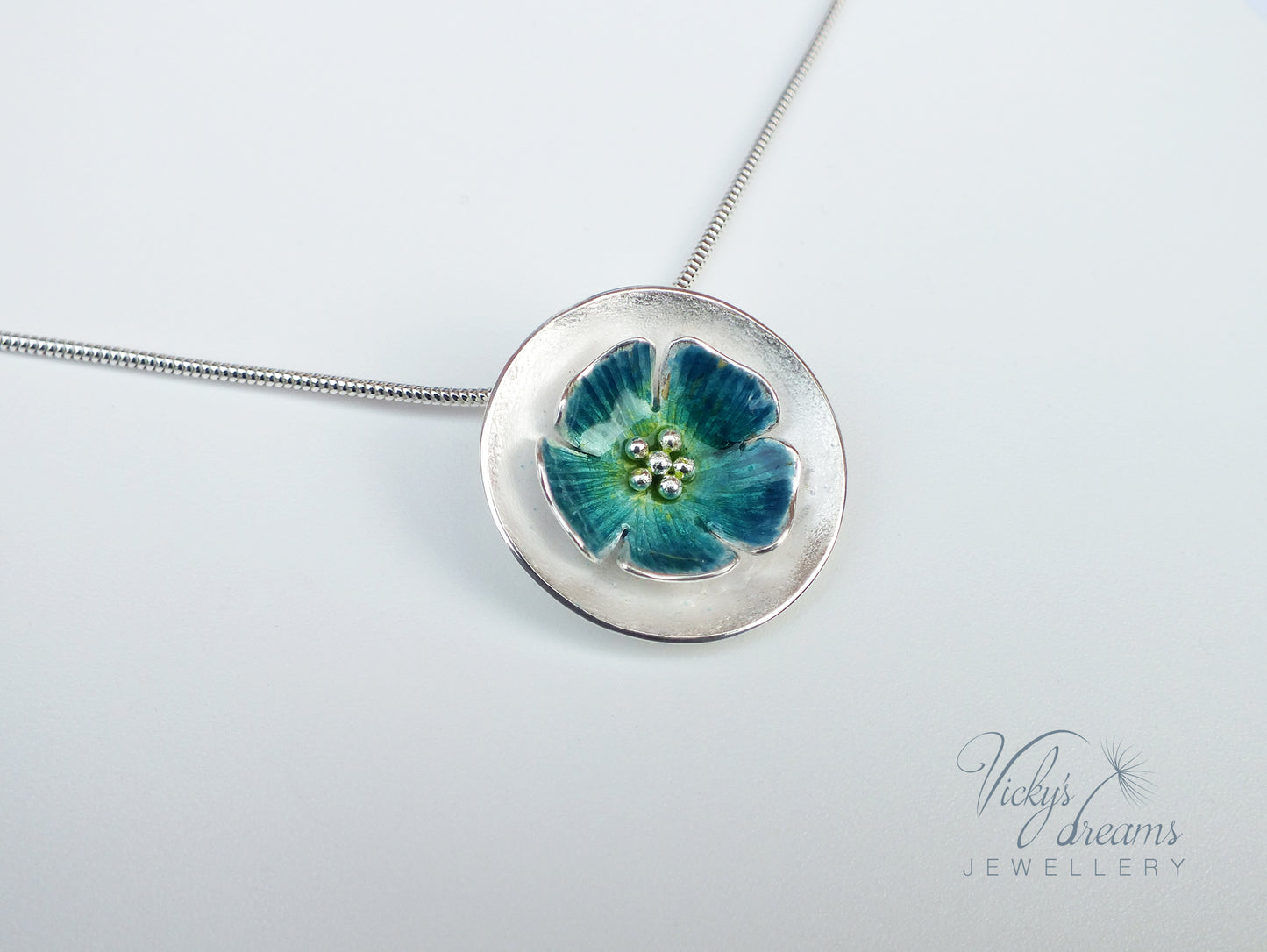 Vibrant color, flower, fine silver enamel necklace