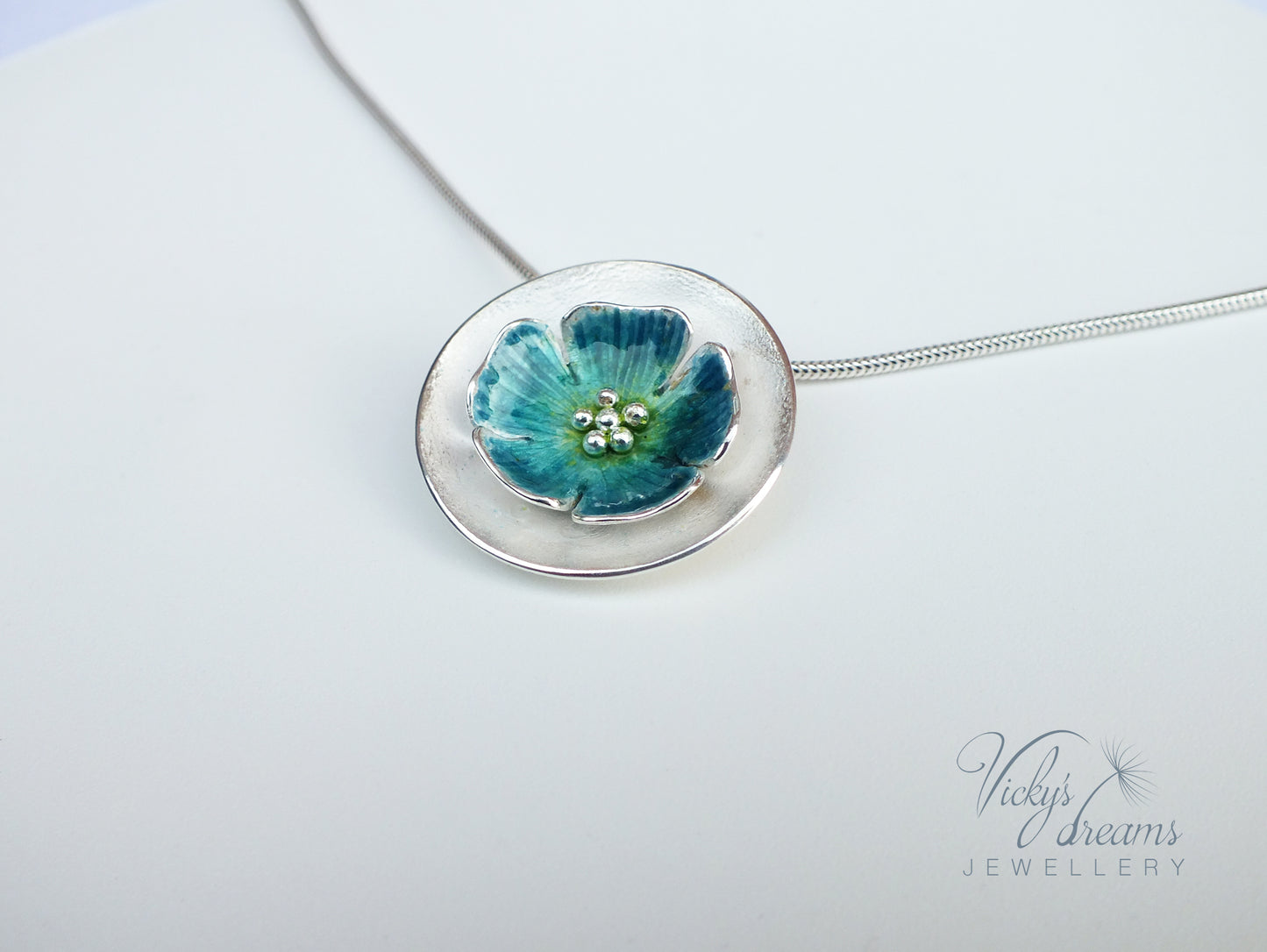 Vibrant color, flower, fine silver enamel necklace