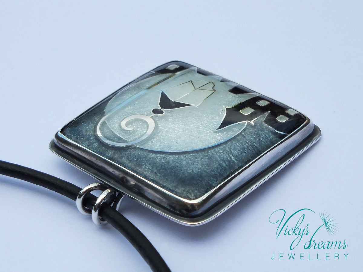 coisonne enamel, village at night design pendant