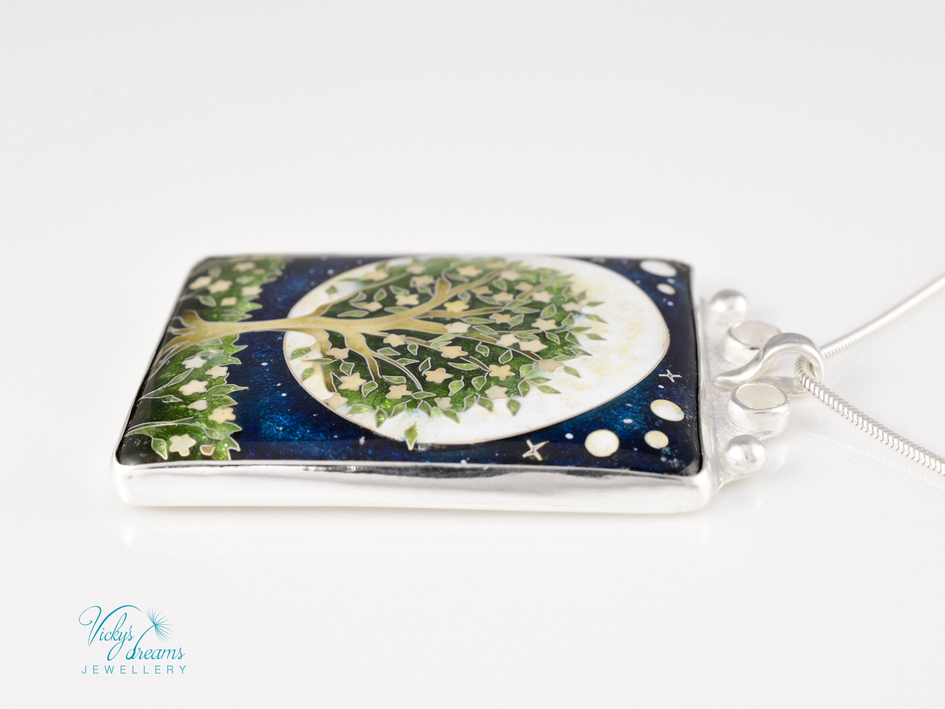 William Morris inspired Virago pendant, cloisonné enamel on sterling silver