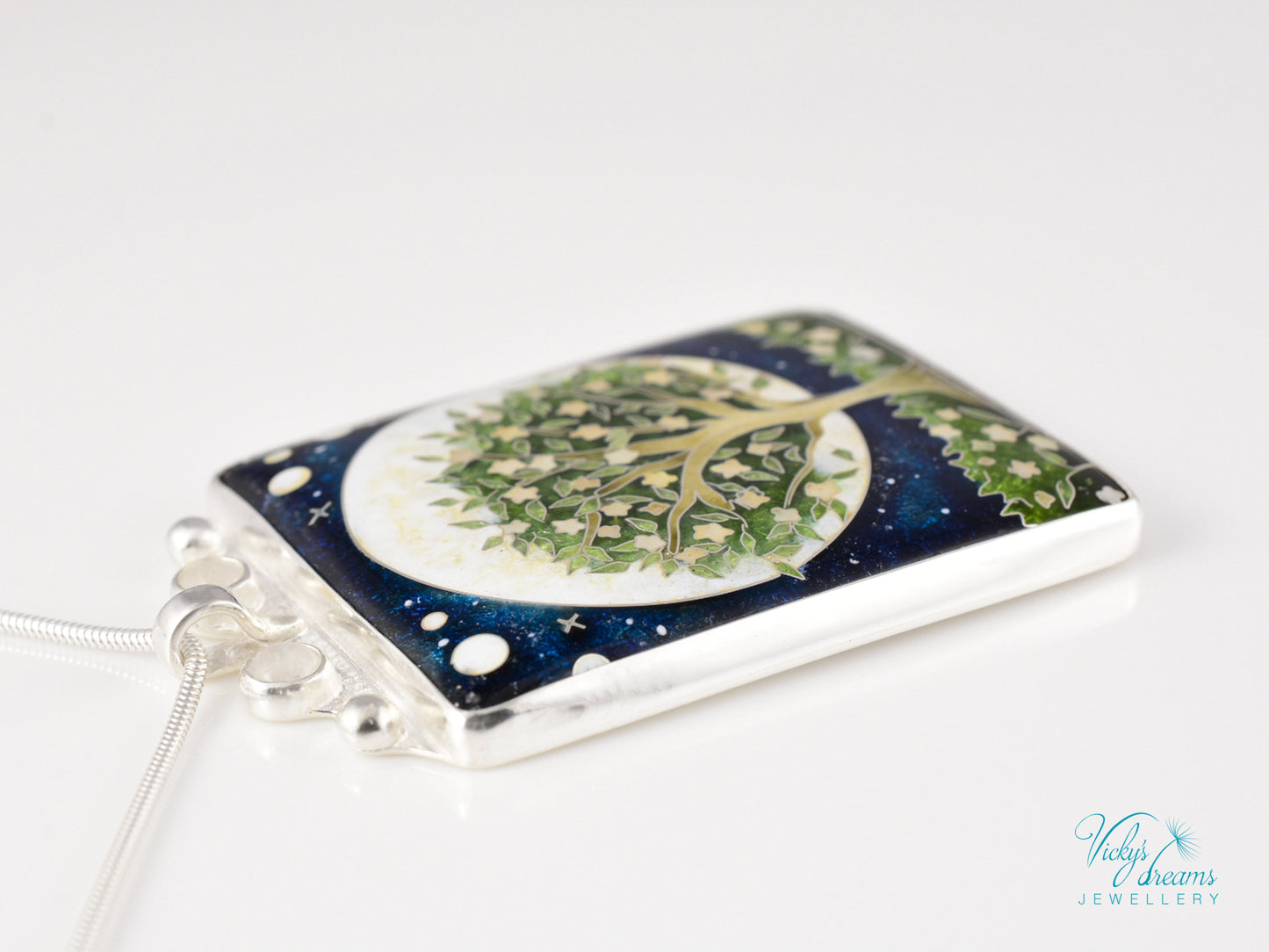 William Morris inspired Virago pendant, cloisonné enamel on sterling silver