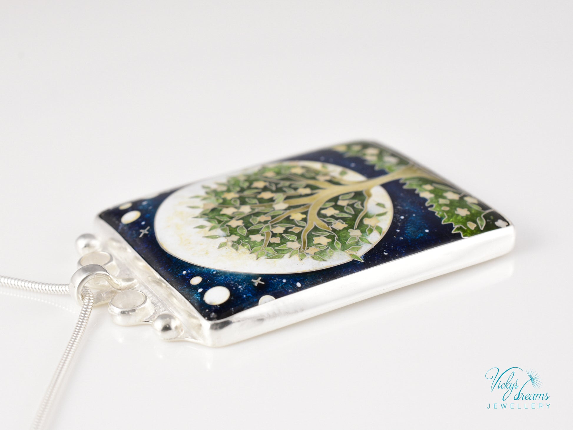 William Morris inspired Virago pendant, cloisonné enamel on sterling silver