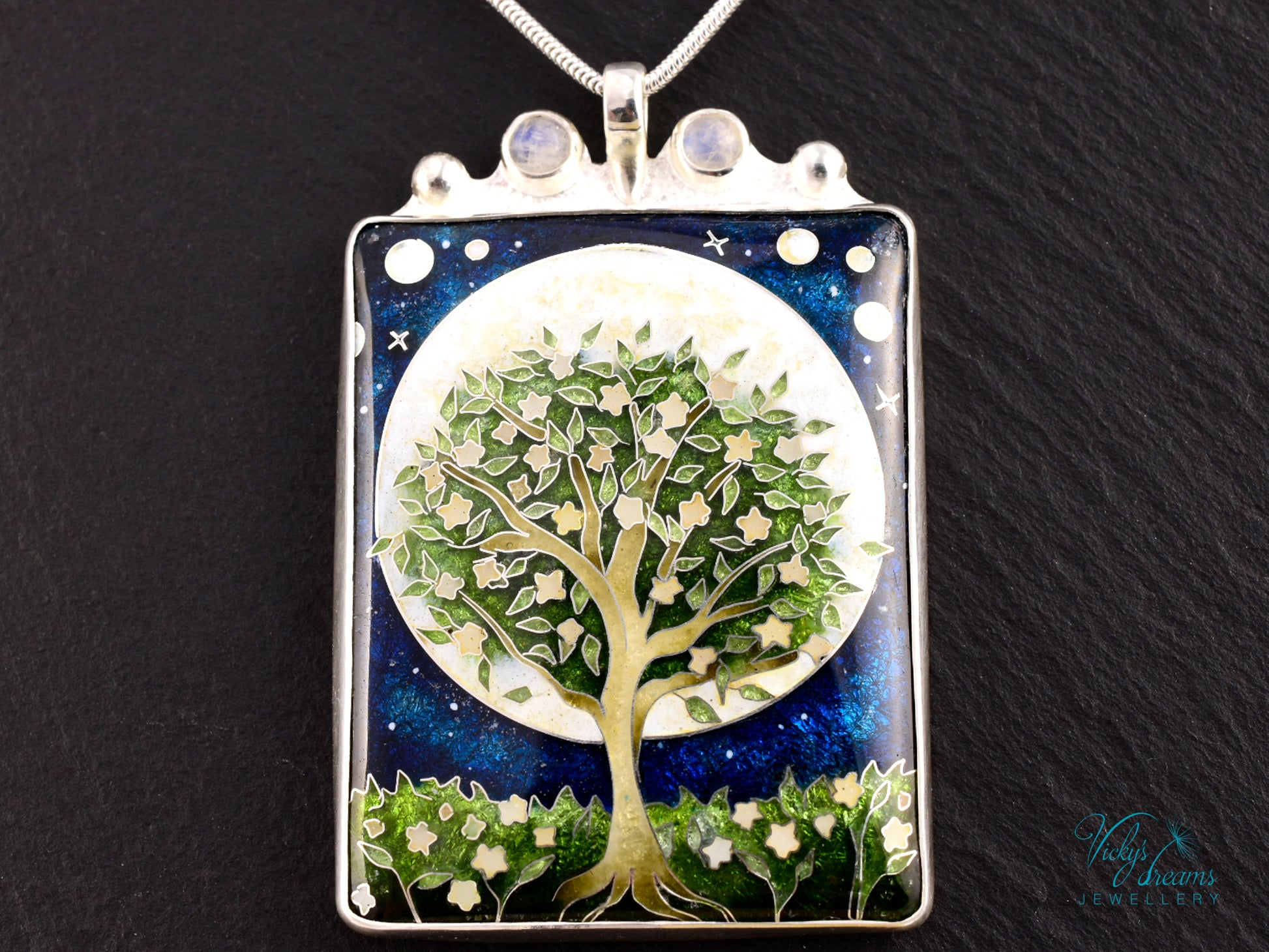 William Morris inspired Virago pendant, cloisonné enamel on sterling silver