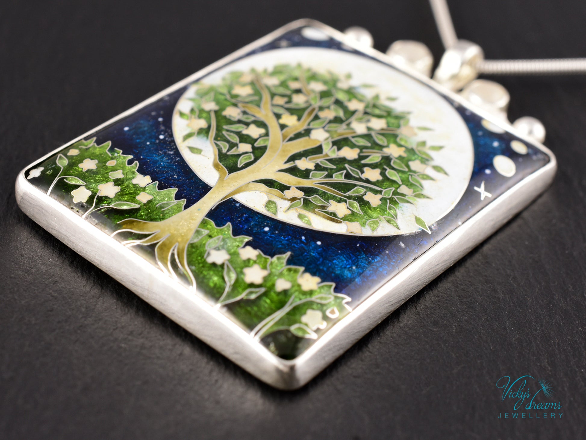 William Morris inspired Virago pendant, cloisonné enamel on sterling silver