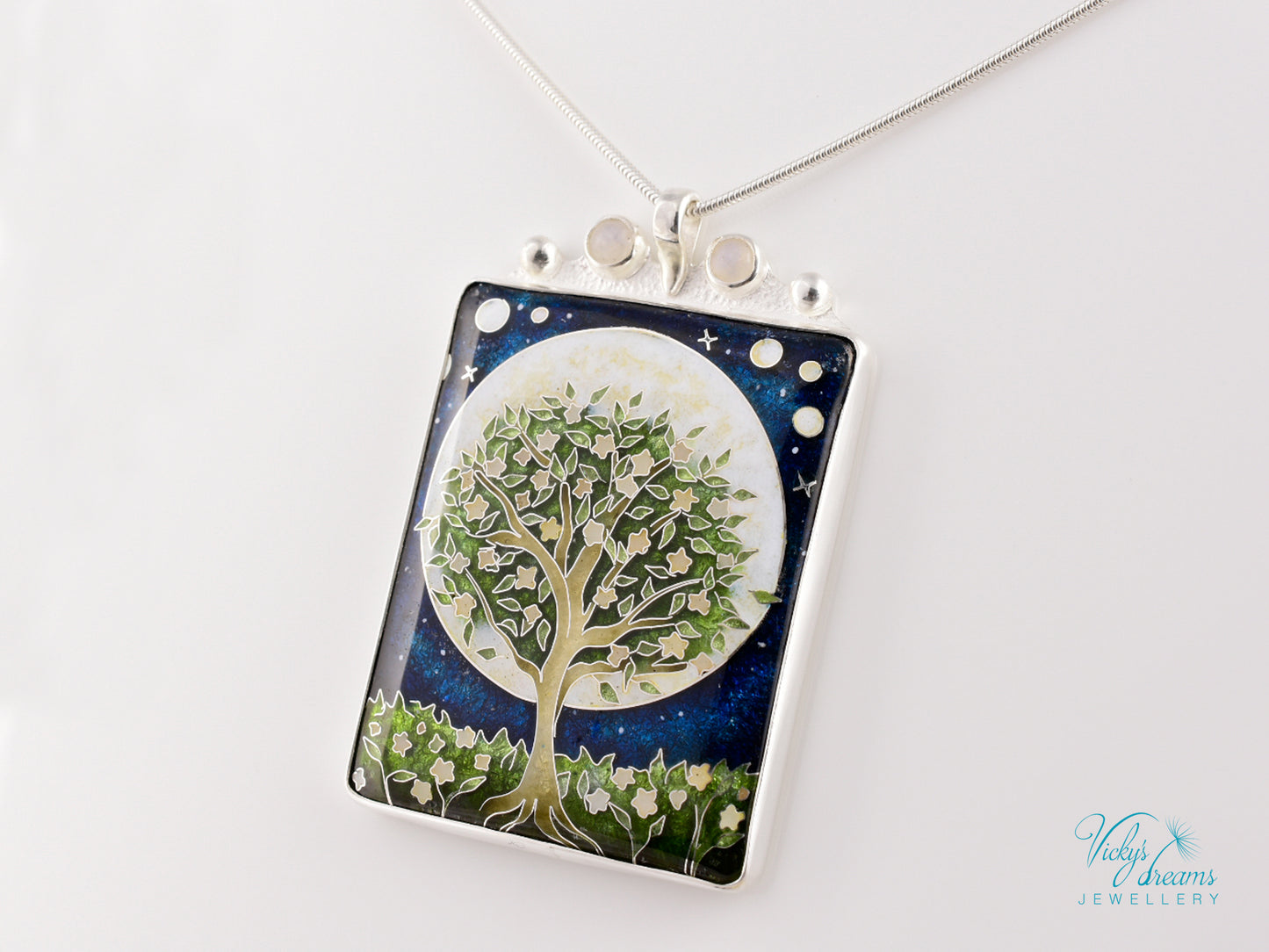 William Morris inspired Virago pendant, cloisonné enamel on sterling silver