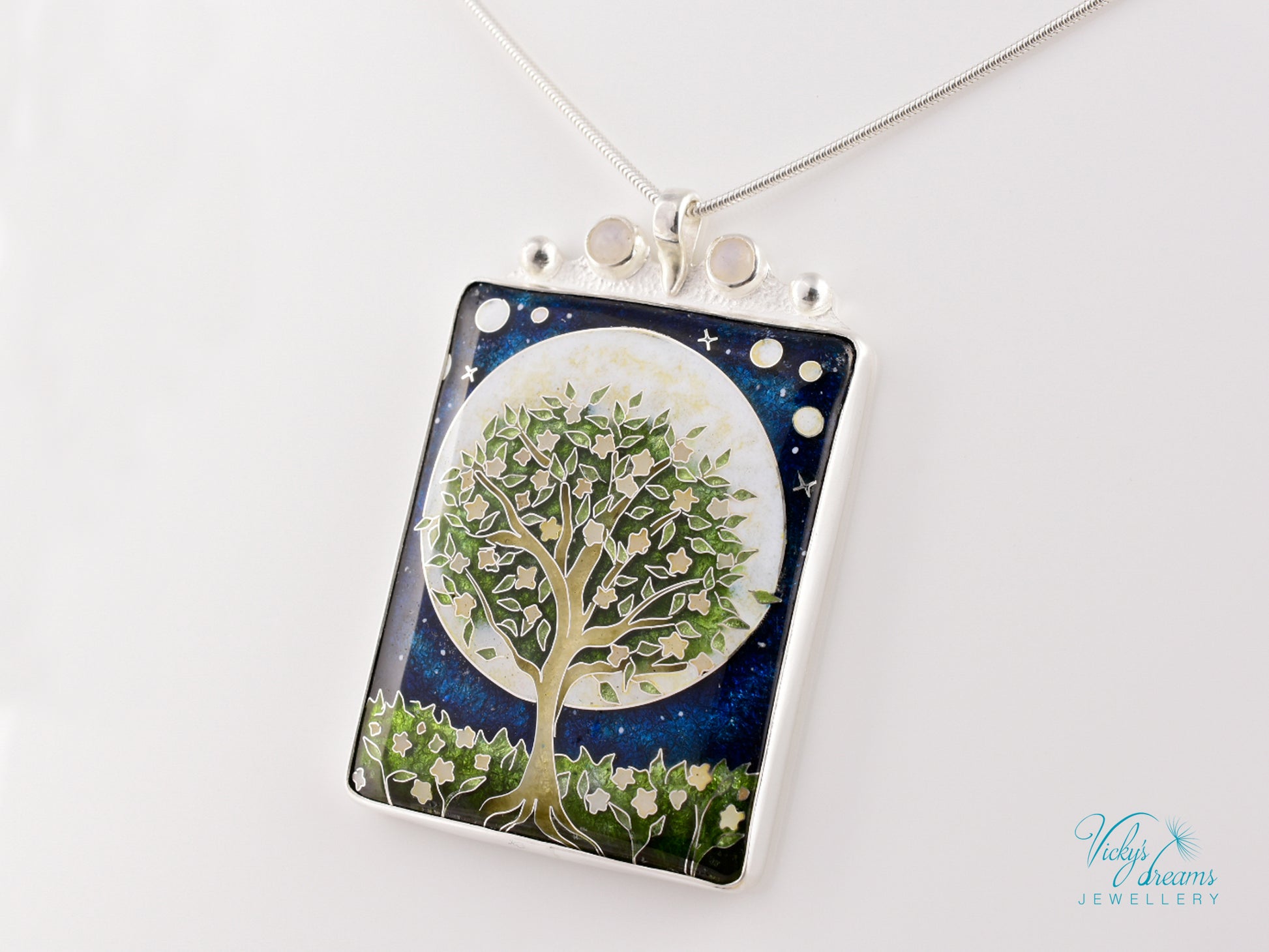 William Morris inspired Virago pendant, cloisonné enamel on sterling silver