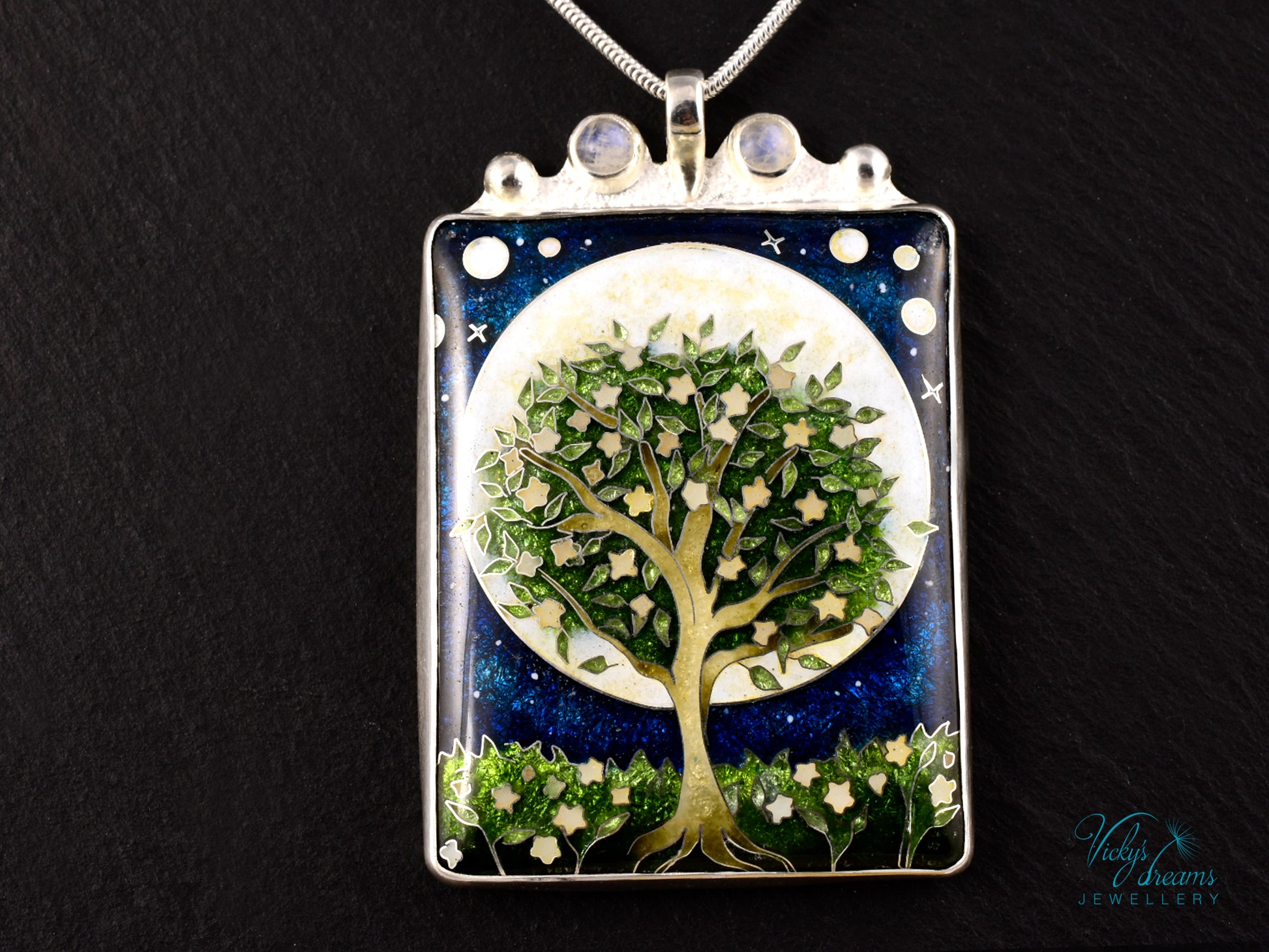 William Morris inspired Virago pendant, cloisonné enamel on sterling silver