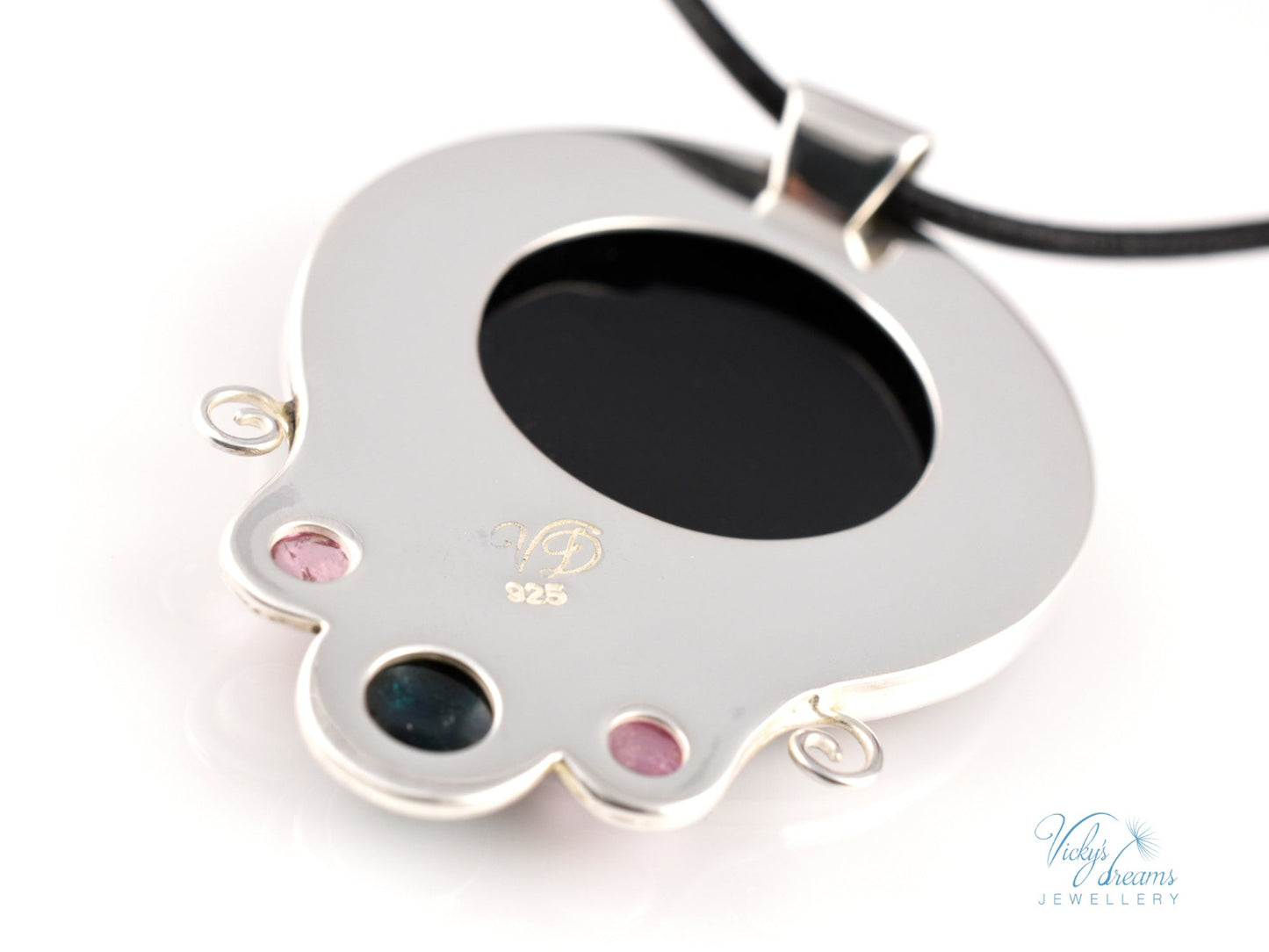 Handmade cloisonné Moon Dream enamel pendant with tourmaline gemstones in oxidized sterling silver