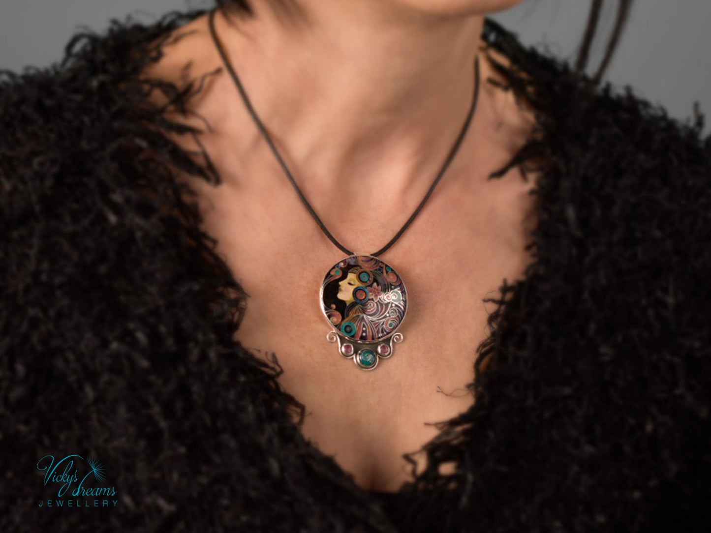 Handmade cloisonné Moon Dream enamel pendant with tourmaline gemstones in oxidized sterling silver