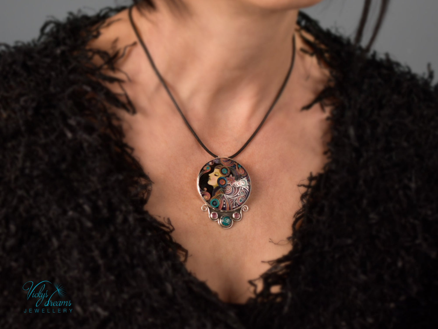 Handmade cloisonné Moon Dream enamel pendant with tourmaline gemstones in oxidized sterling silver