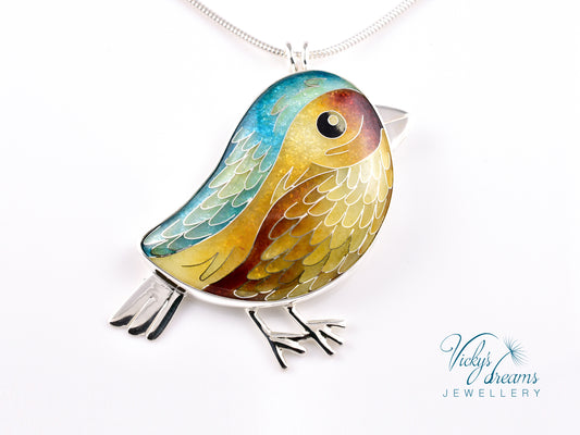yellow & brown birdie Cloisonné enamel pendant