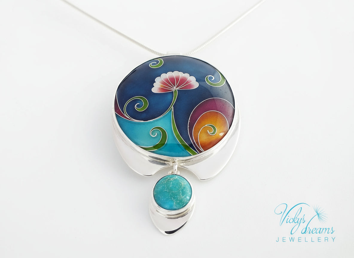 color flower torquoise cloisonne silver pendant