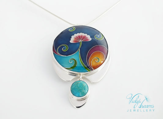 color flower torquoise cloisonne silver pendant