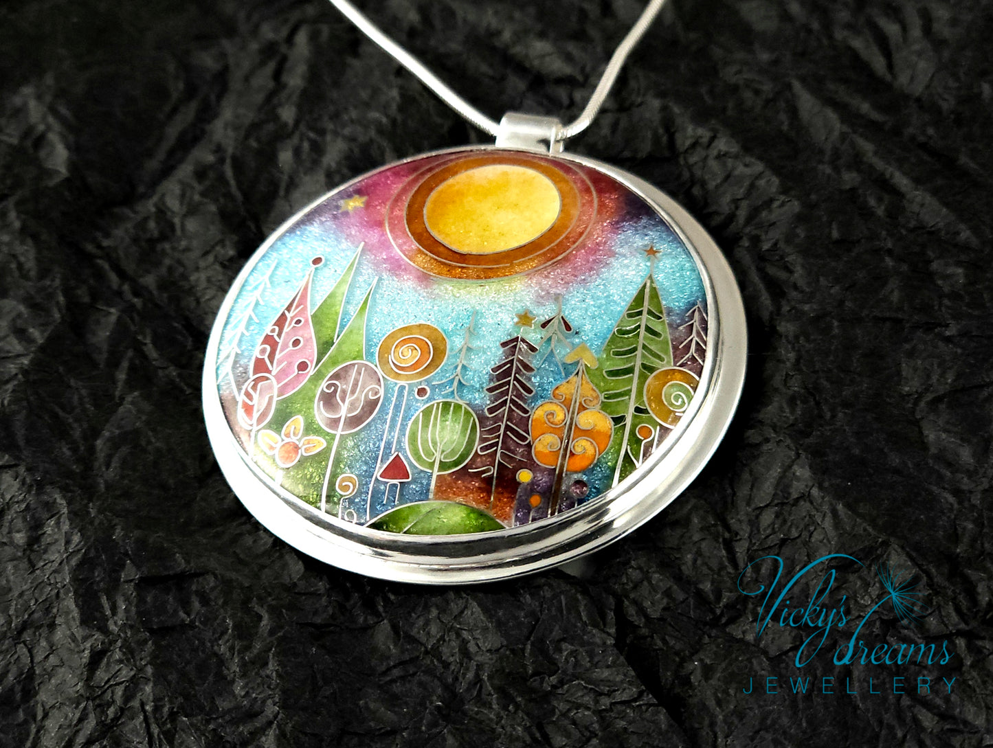 Handmade Cloisonné Forest Pendant – Sterling Silver Nature Jewellery