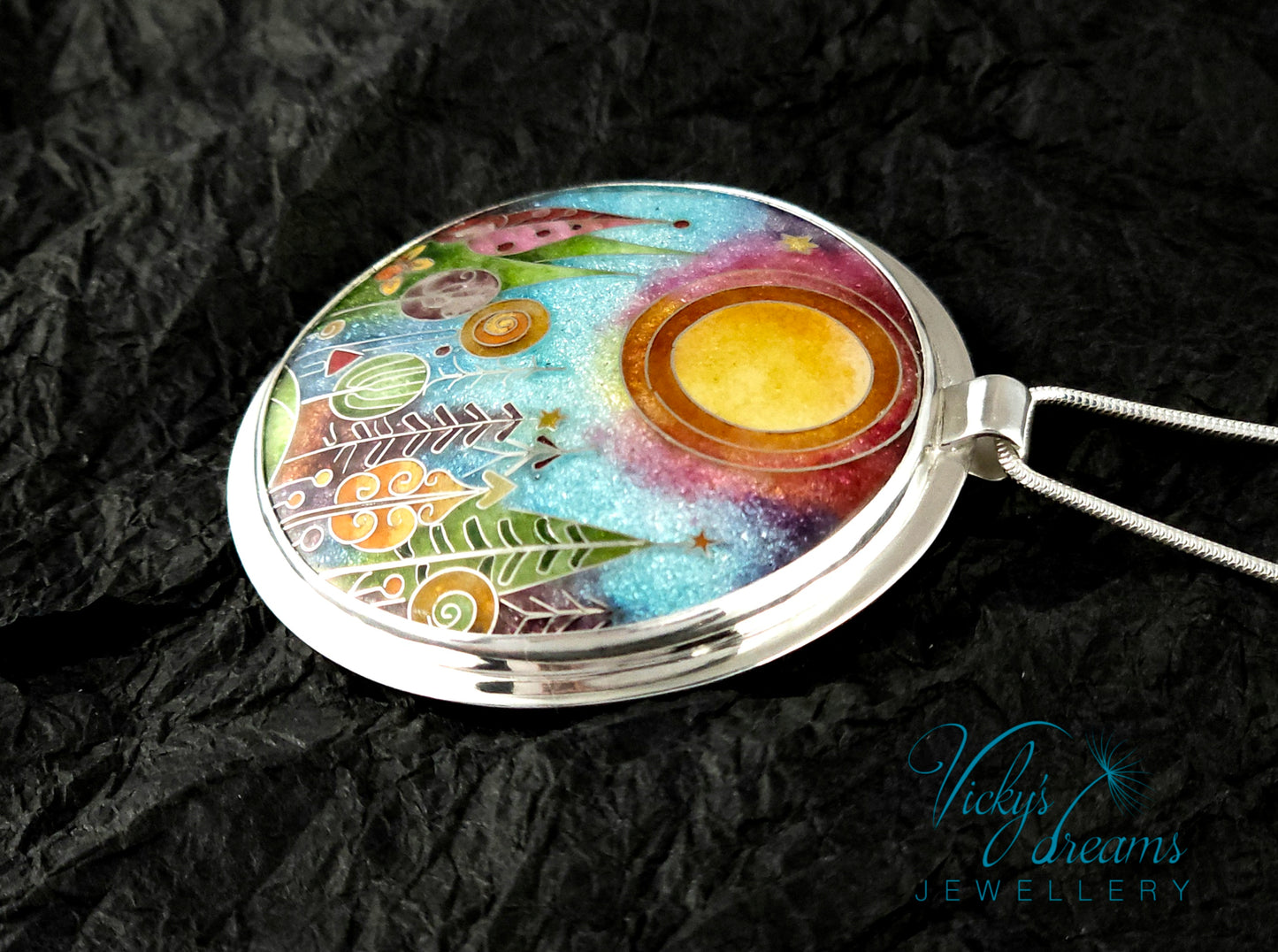 Handmade Cloisonné Forest Pendant – Sterling Silver Nature Jewellery