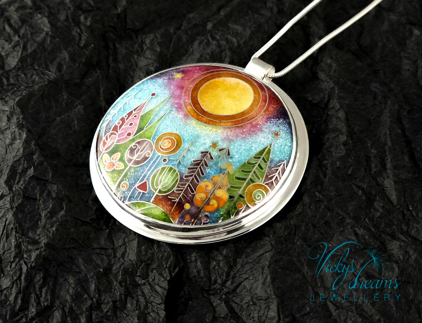 Handmade Cloisonné Forest Pendant – Sterling Silver Nature Jewellery