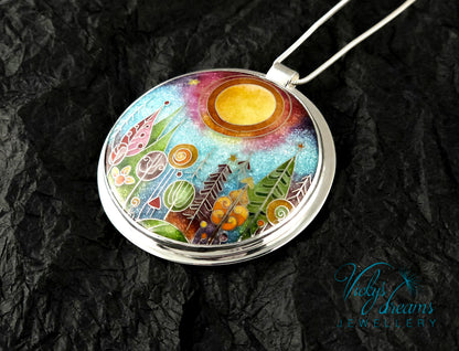 Handmade Cloisonné Forest Pendant – Sterling Silver Nature Jewellery